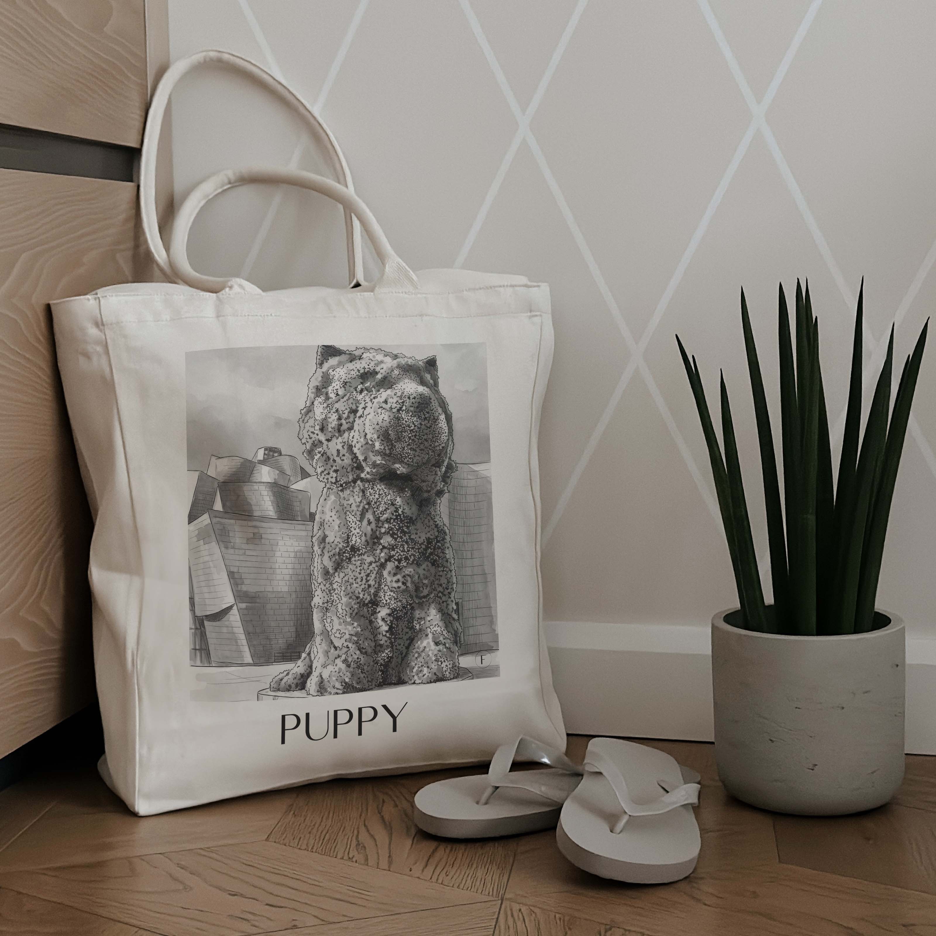 puppy-bilbao-spanien-einkaufstasche-aquarell-schwarz-weiss
