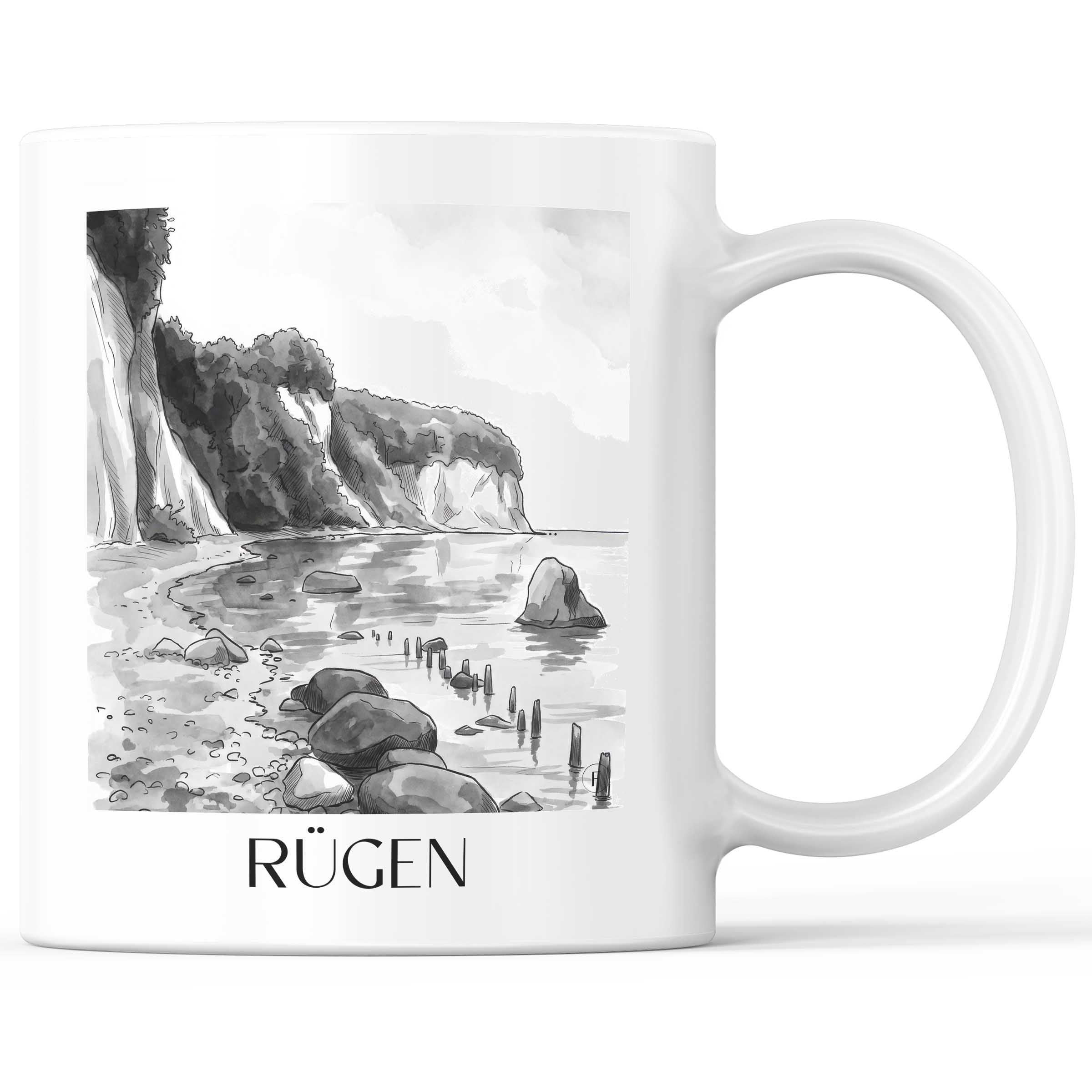 Rügen - Deutschland Becher - Kaffeetasse im Aquarell Schwarz-Weiß Stil - favplace