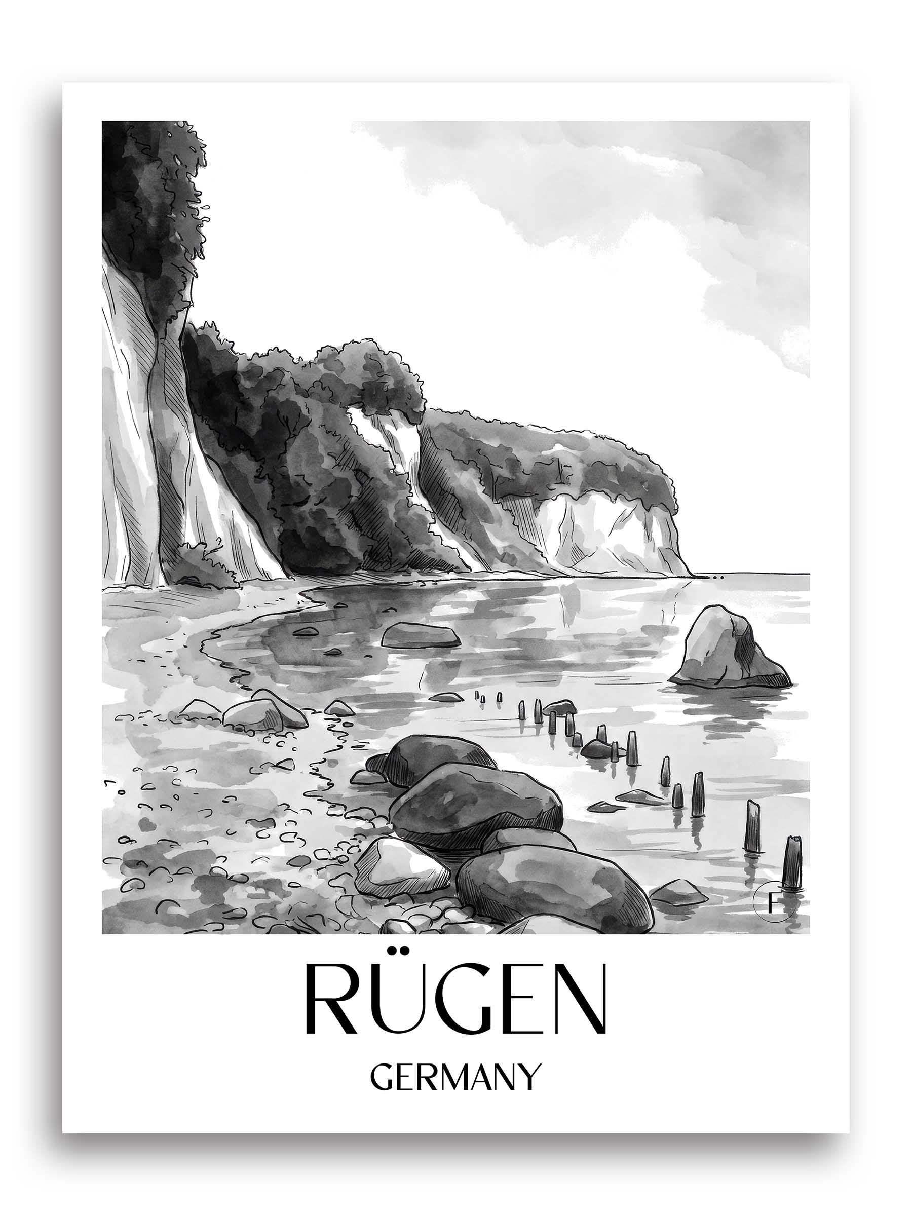 Rügen Poster - - Deutschland Kunstdruck - Aquarell Schwarz-Weiß von A4 bis A1 - favplace