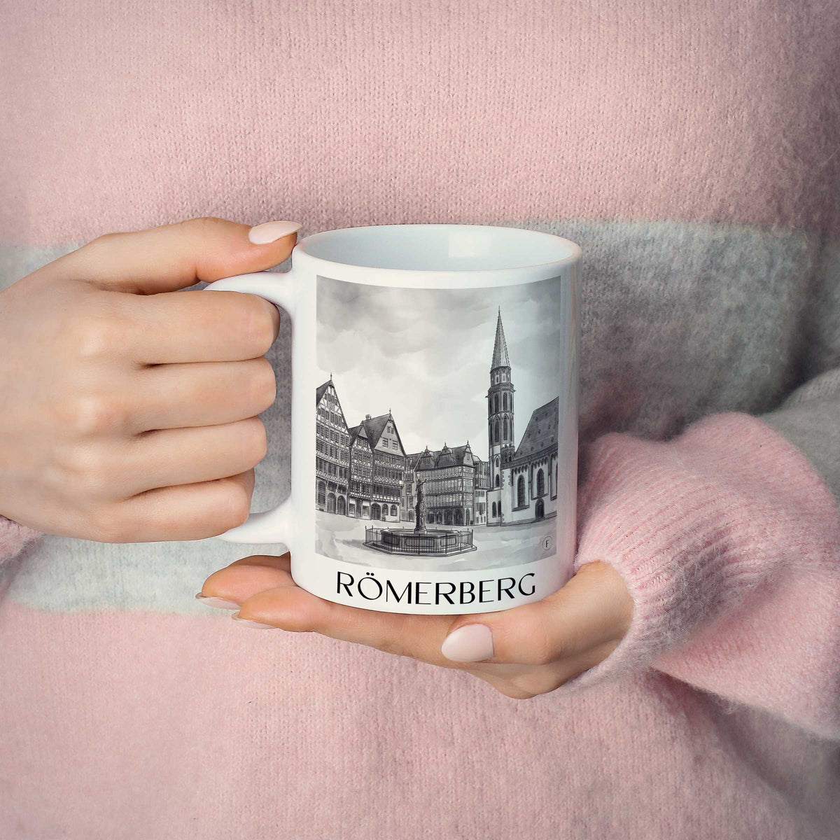 römerberg-frankfurt-deutschland-kaffeebecher-aquarell-schwarz-weiss