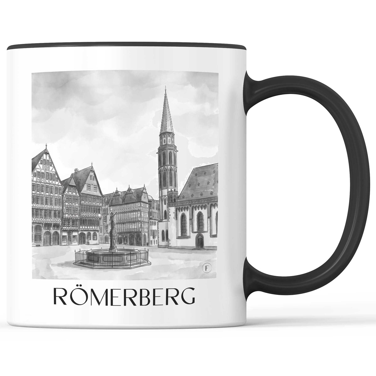 Römerberg Kaffeebecher - Frankfurt - Deutschland Becher - Kaffeetasse im Aquarell Schwarz-Weiß Stil - favplace