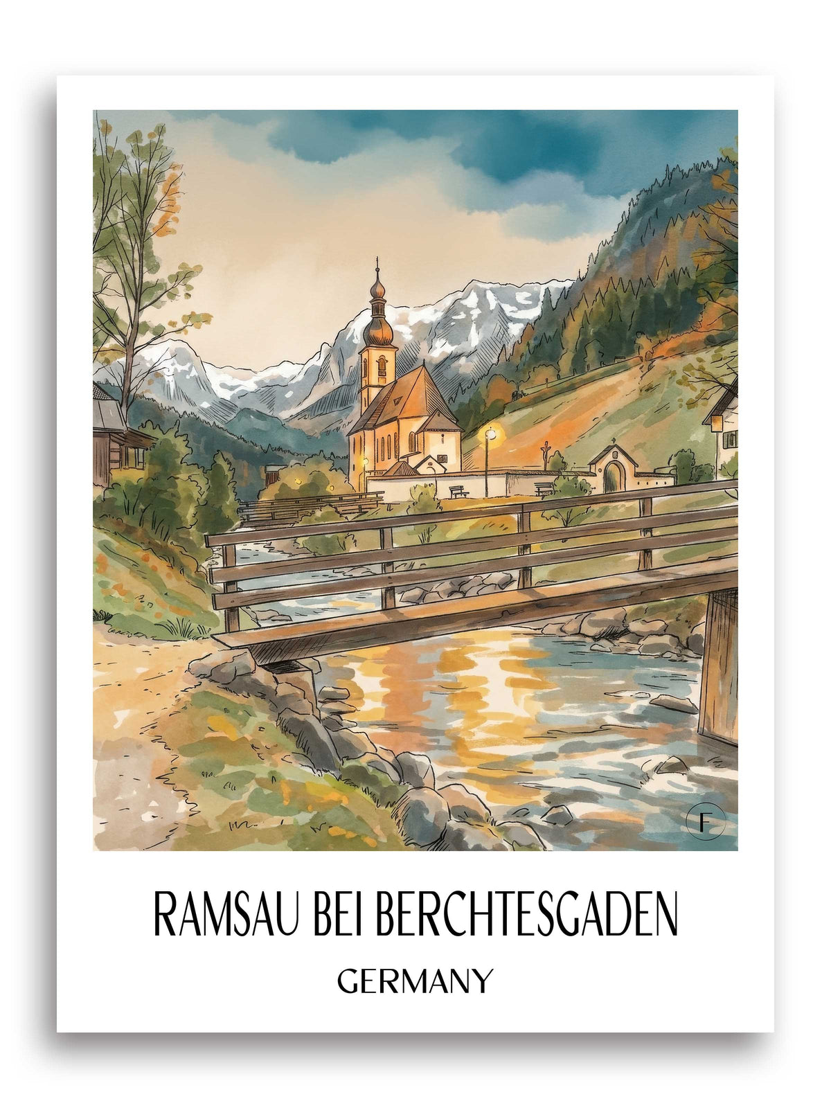 Ramsau bei Berchtesgaden (bei Nacht) Poster - Bayern - Deutschland Kunstdruck - Aquarell von A4 bis A1 - favplace