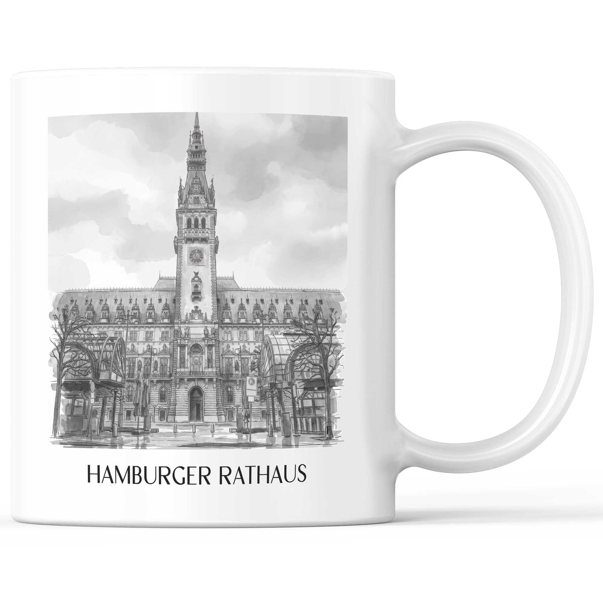 Rathaus Kaffeebecher - Hamburg - Deutschland Becher - Kaffeetasse im Aquarell Schwarz-Weiß Stil - favplace