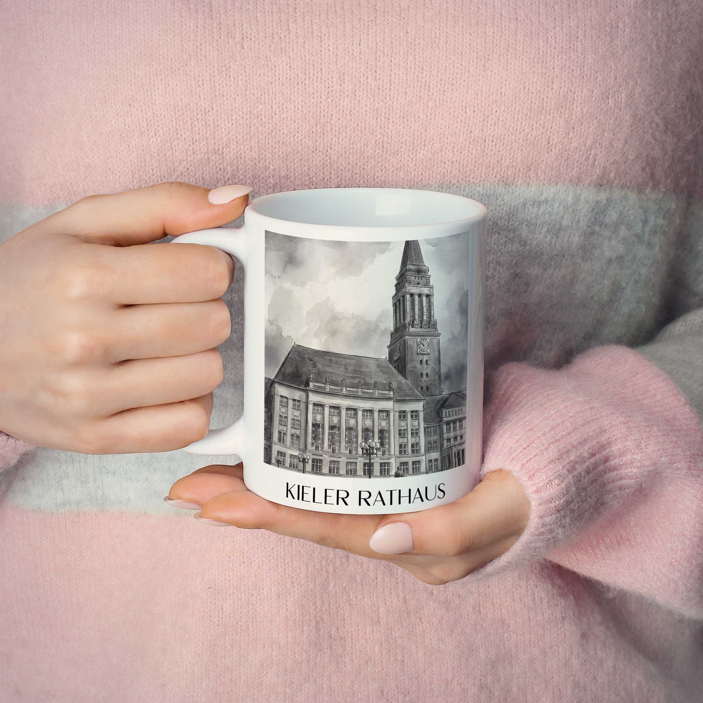 rathaus-kiel-deutschland-kaffeebecher-aquarell-schwarz-weiss