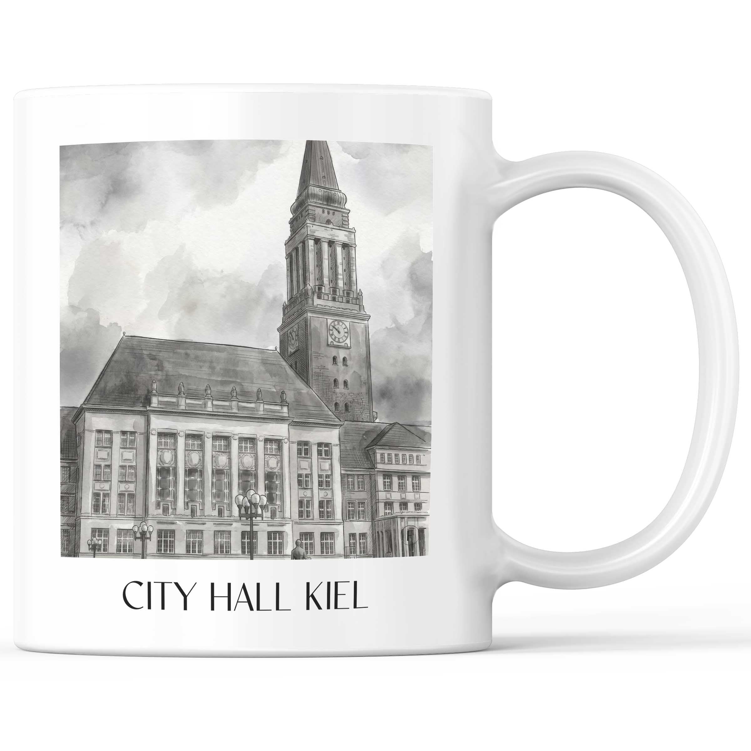 Rathaus Kaffeebecher - Kiel - Deutschland Becher - Kaffeetasse im Aquarell Schwarz-Weiß Stil - favplace