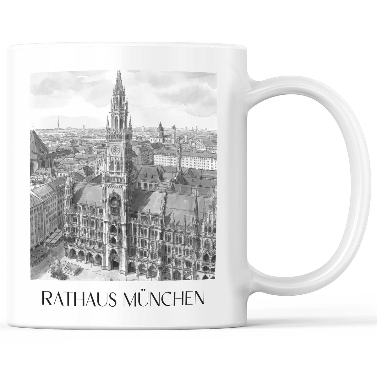 Rathaus Kaffeebecher - München - Deutschland Becher - Kaffeetasse im Aquarell Schwarz-Weiß Stil - favplace