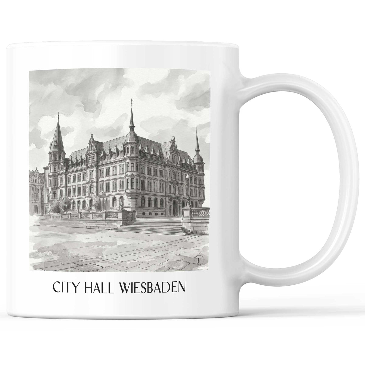 Rathaus Kaffeebecher - Wiesbaden - Deutschland Becher - Kaffeetasse im Aquarell Schwarz-Weiß Stil - favplace