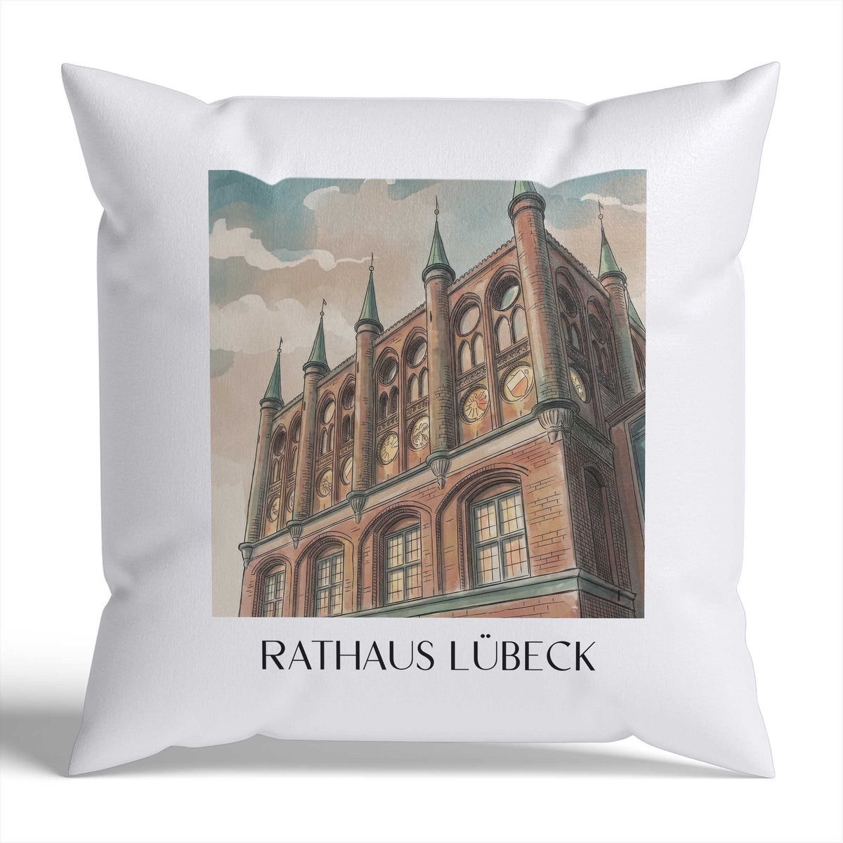 rathaus-lübeck-deutschland-kissenbezug-aquarell
