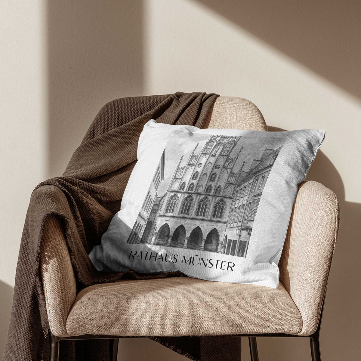 rathaus-münster-deutschland-kissenbezug-aquarell-schwarz-weiss