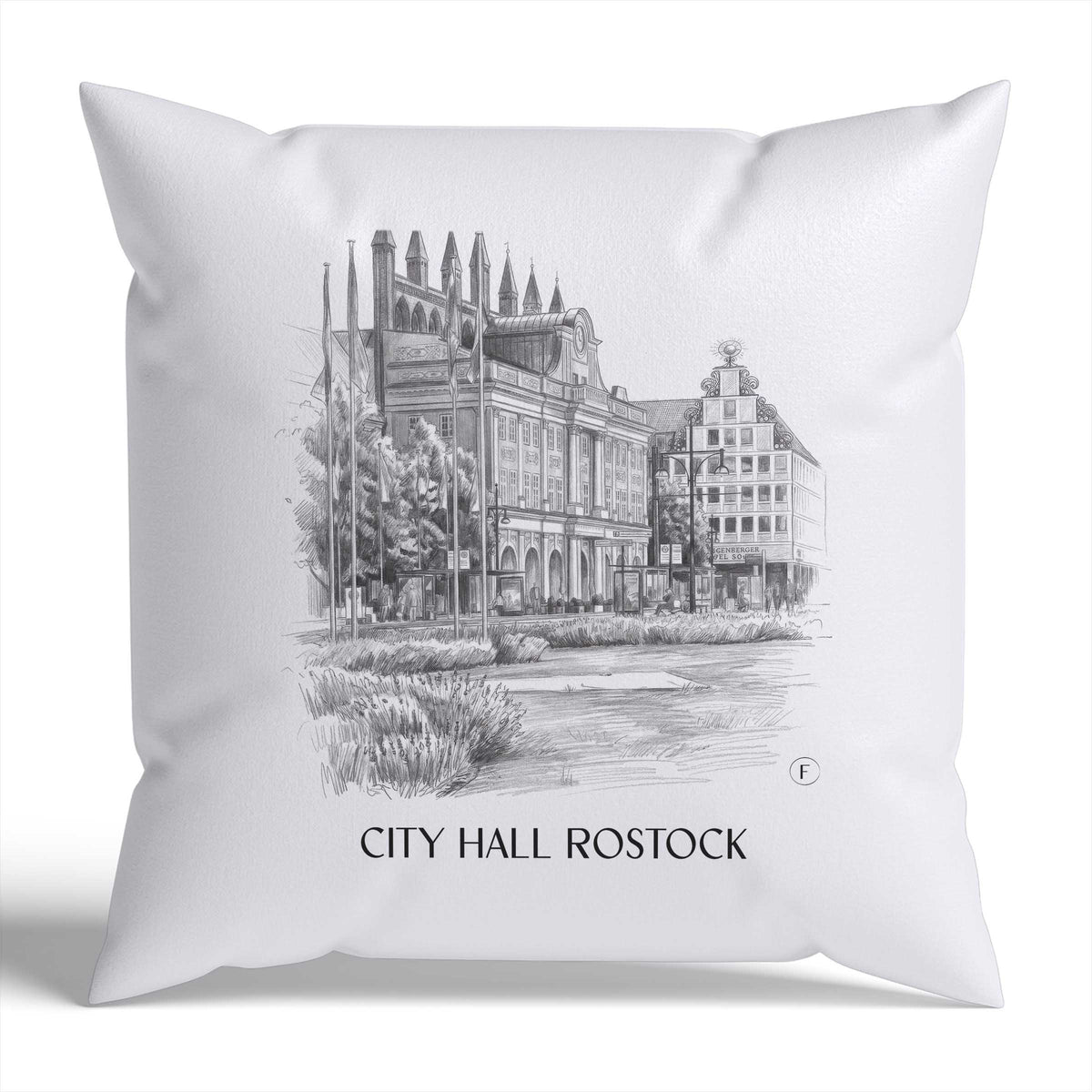 Rathaus Kissenhülle - Zierkissen Bezug - Rostock - Deutschland Kissen bzw. Kissenbezug im Zeichnung Stil - favplace