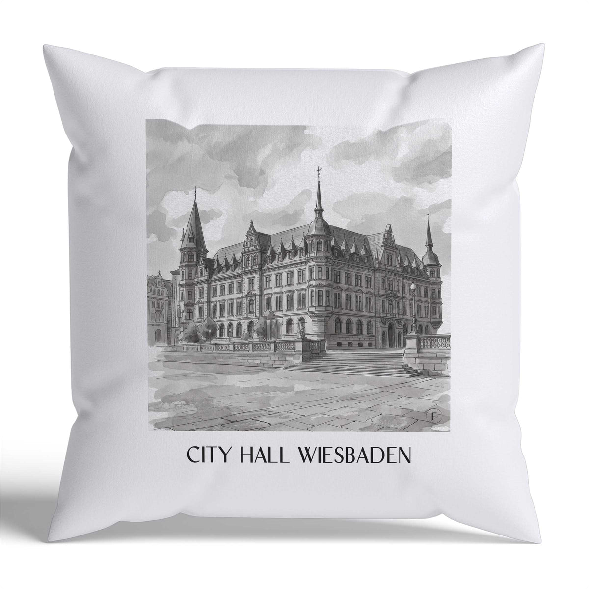 Rathaus Kissenhülle - Zierkissen Bezug - Wiesbaden - Deutschland Kissen bzw. Kissenbezug im Aquarell Schwarz-Weiß Stil - favplace