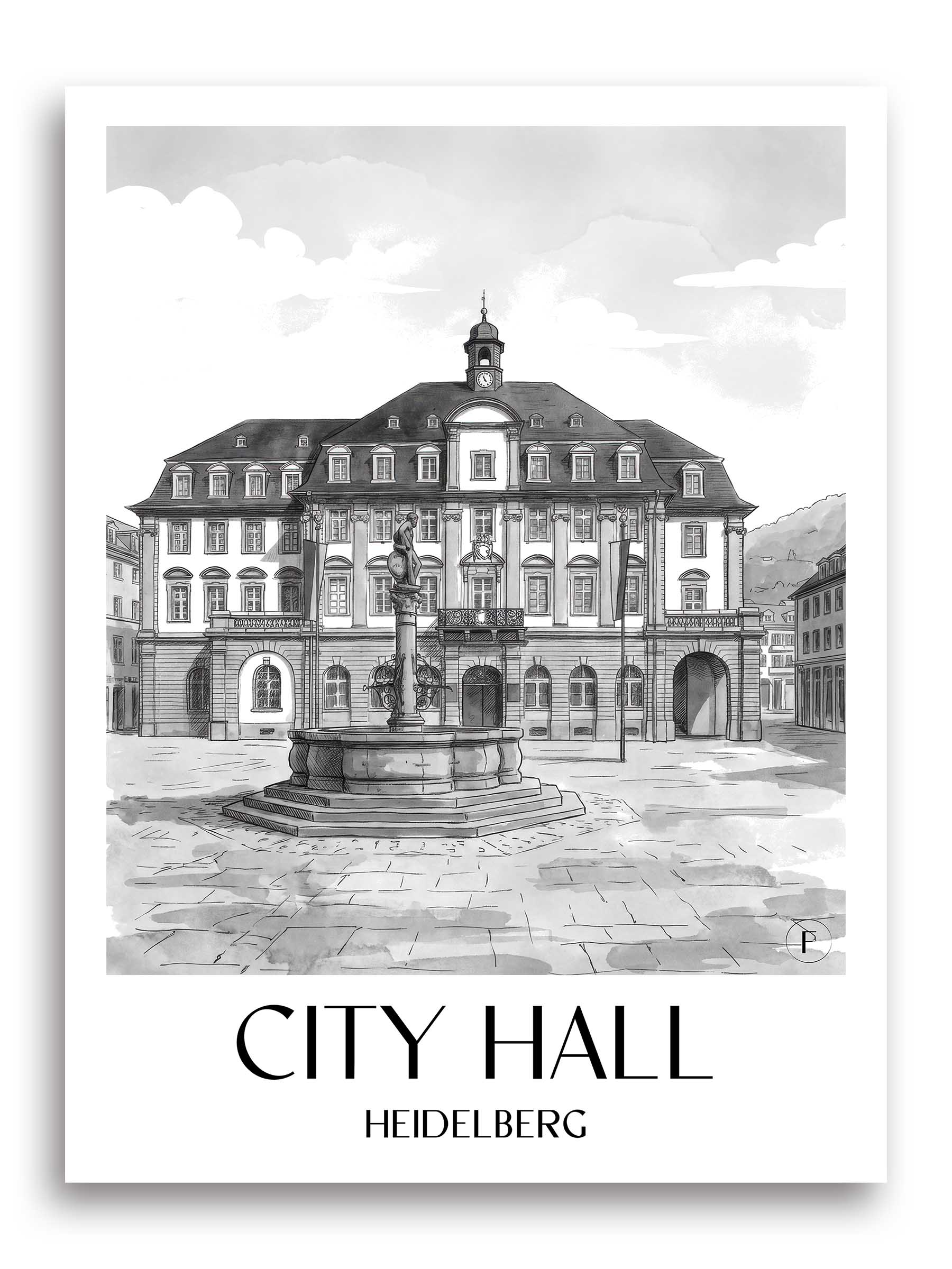Rathaus Poster - Heidelberg - Deutschland Kunstdruck - Aquarell Schwarz-Weiß von A4 bis A1