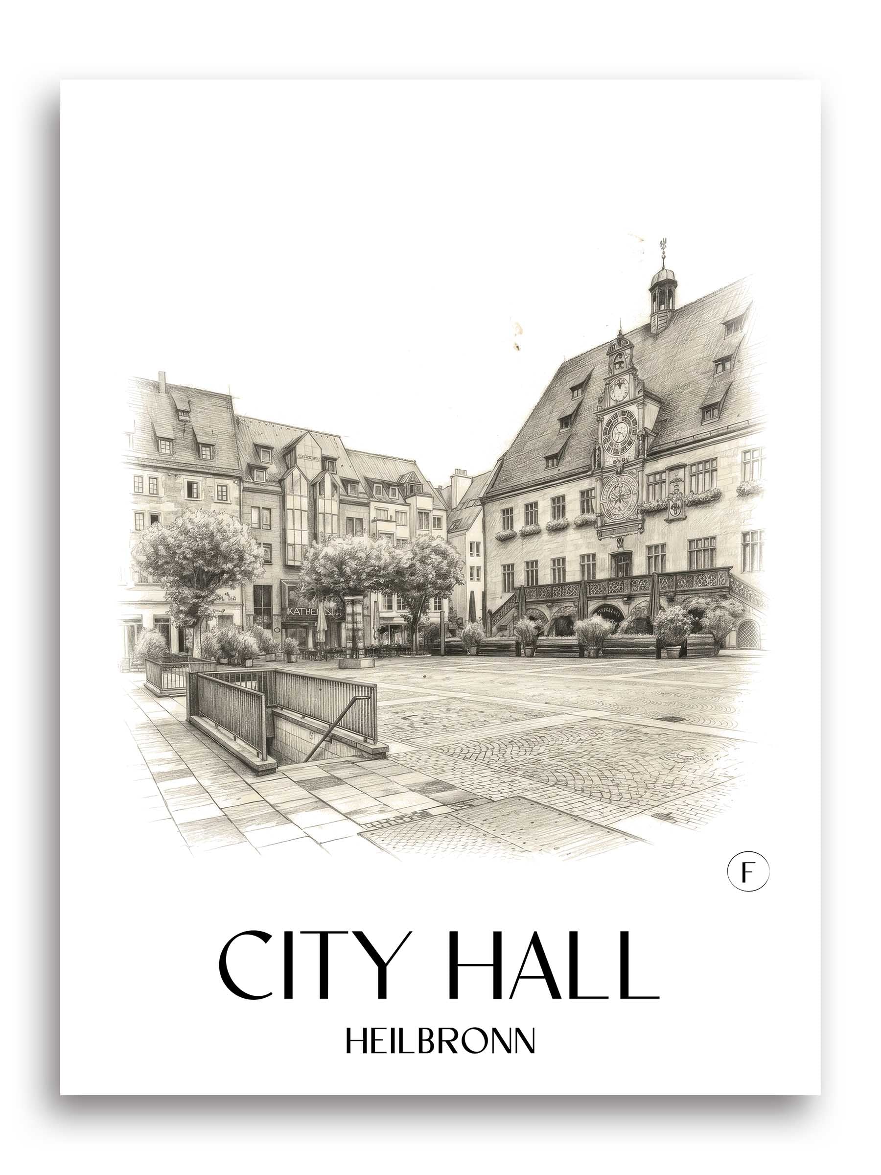 Rathaus Poster - Heilbronn - Deutschland Kunstdruck - Zeichnung von A4 bis A1
