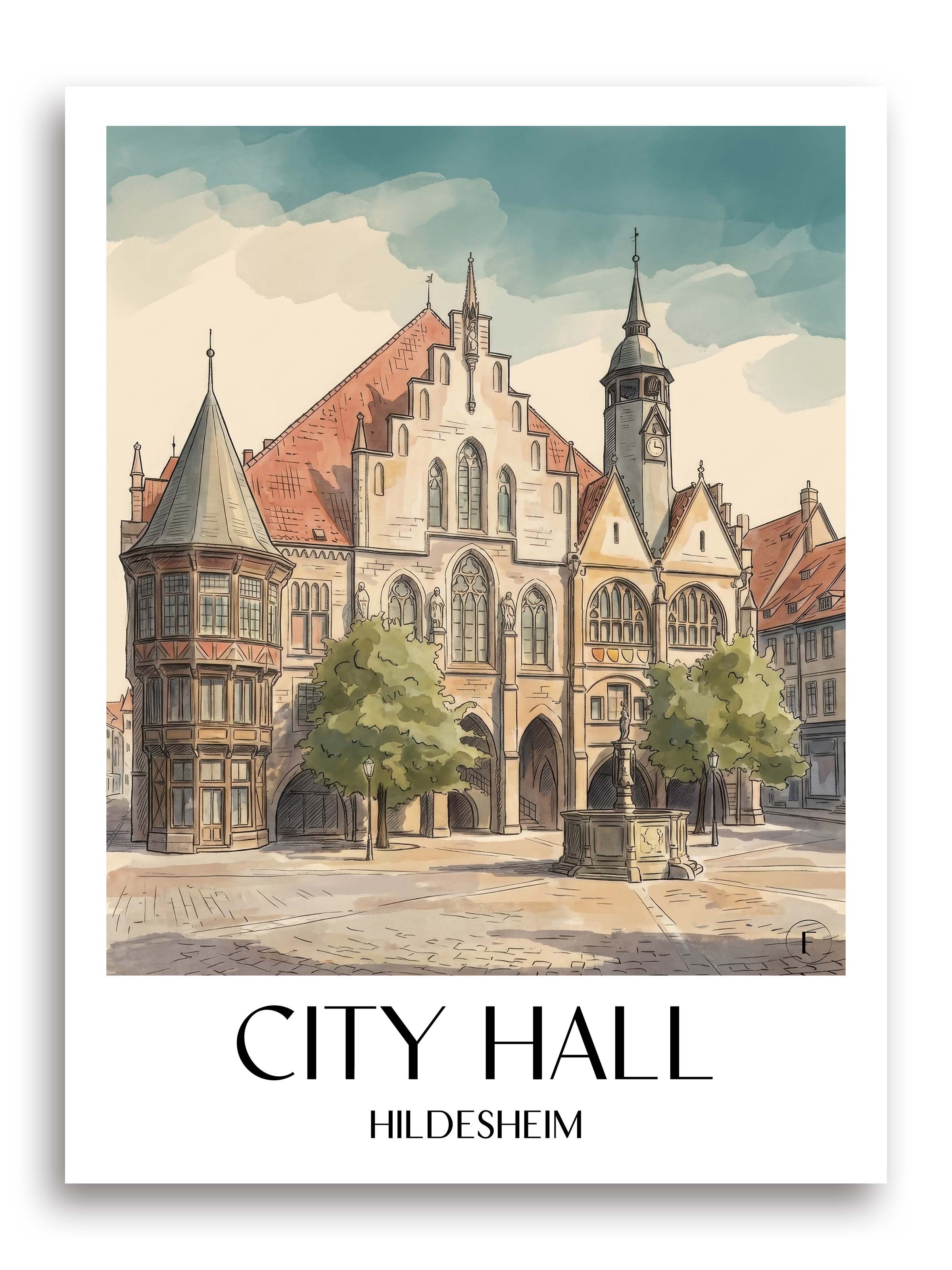 Rathaus Poster - Hildesheim - Deutschland Kunstdruck - Aquarell von A4 bis A1 - favplace