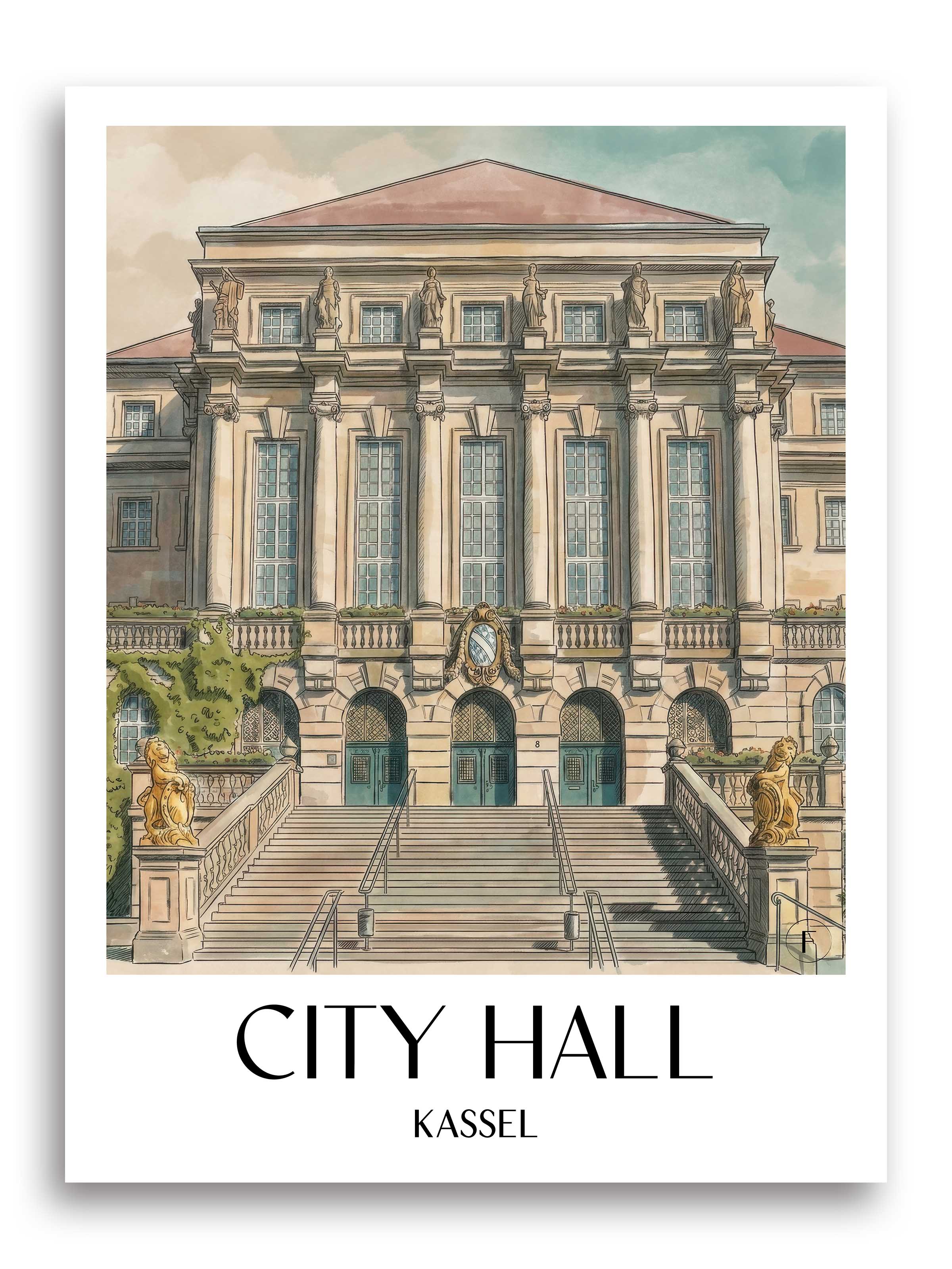 Rathaus Poster - Kassel - Deutschland Kunstdruck - Aquarell von A4 bis A1 - favplace
