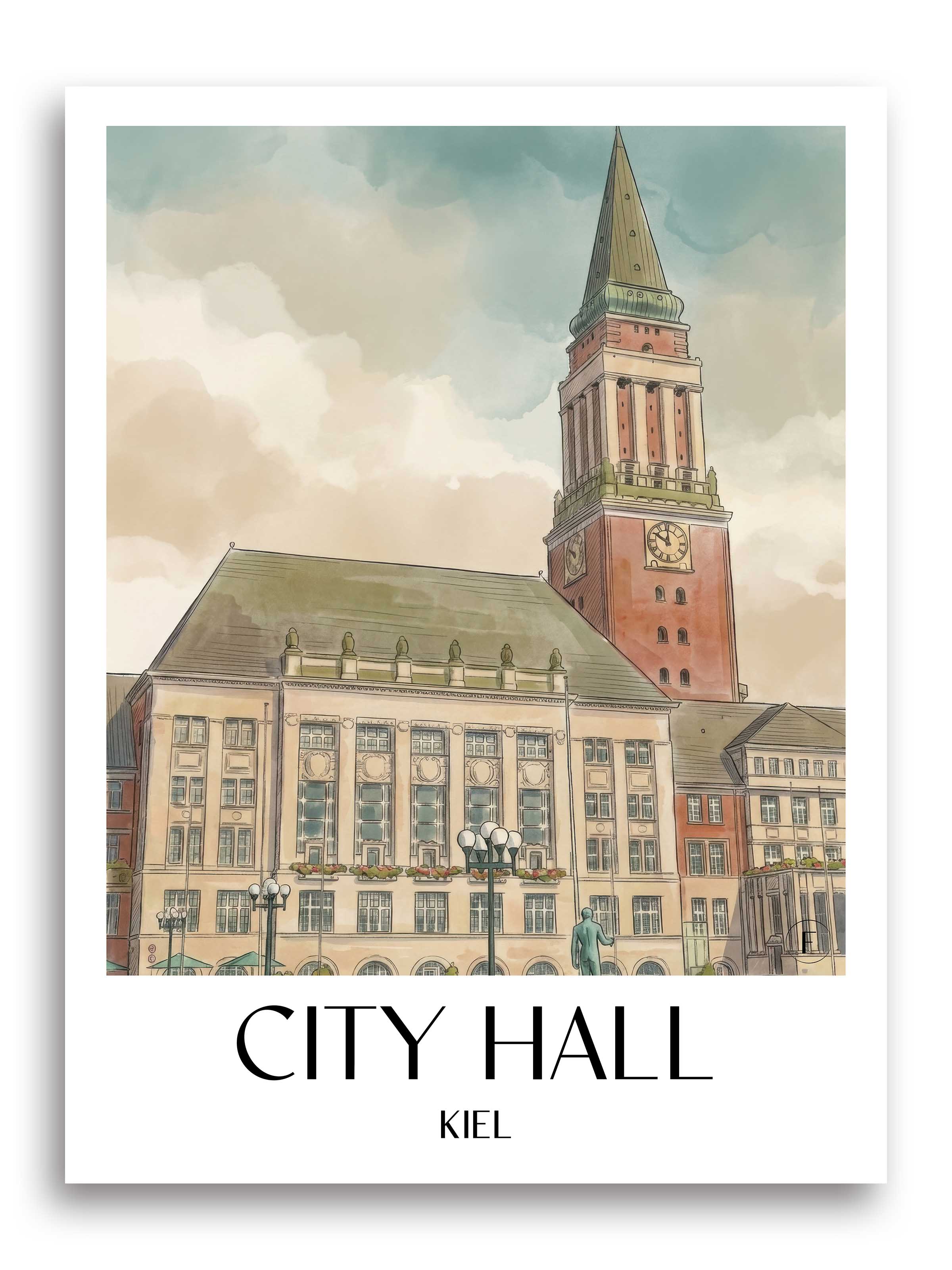 Rathaus Poster - Kiel - Deutschland Kunstdruck - Aquarell von A4 bis A1 - favplace