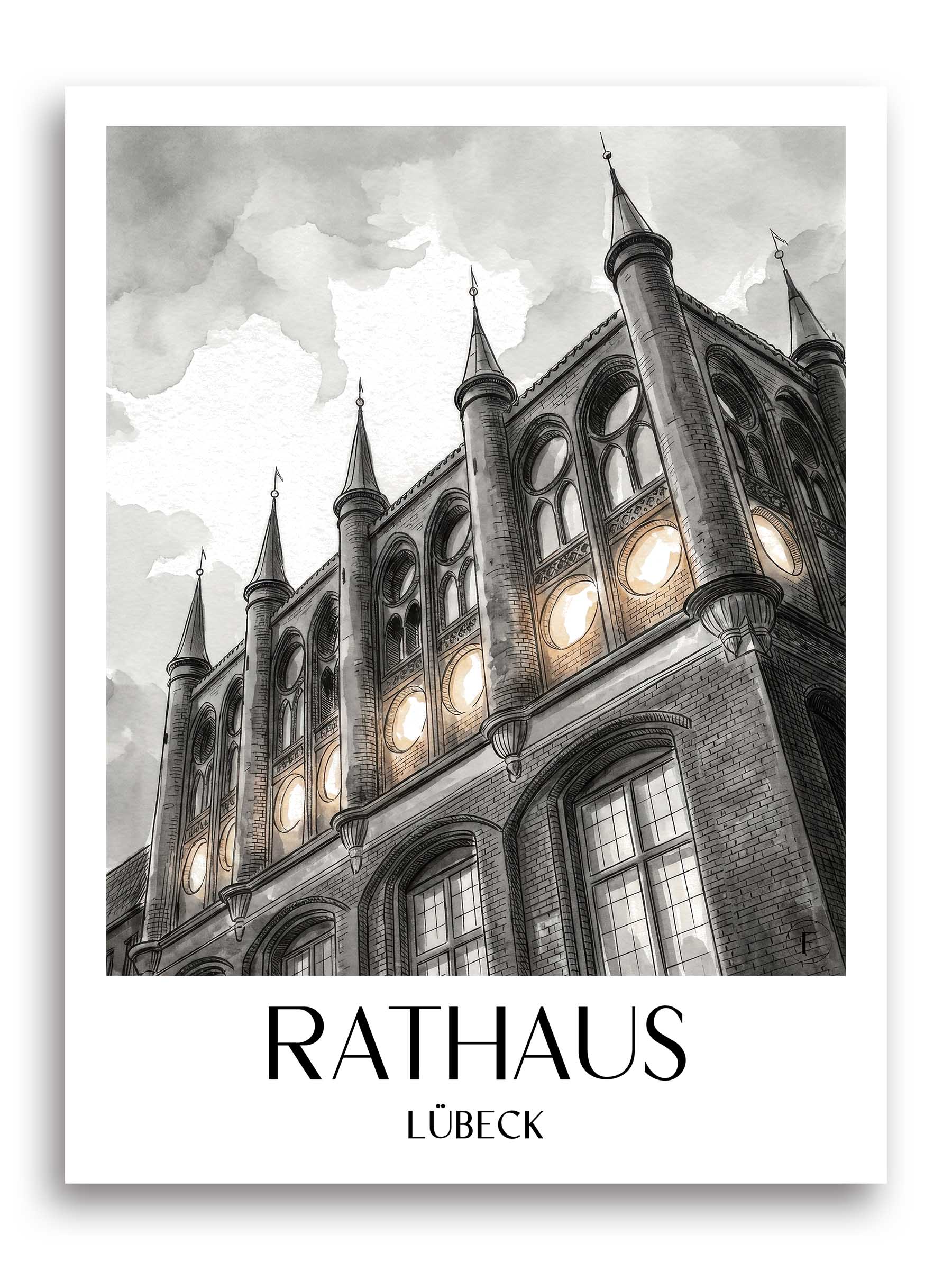 rathaus-lübeck-deutschland-poster-aquarell-schwarz-weiss
