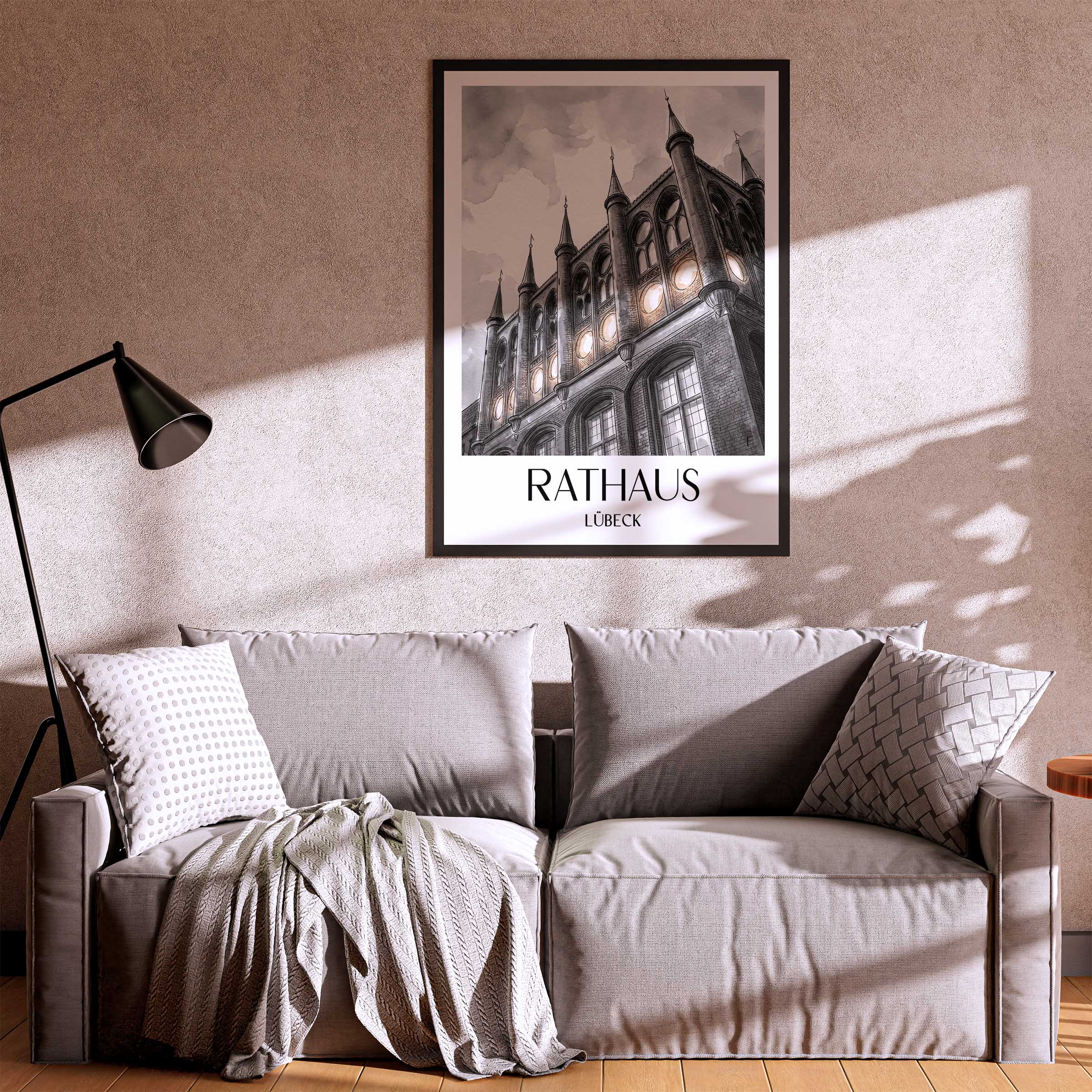 rathaus-lübeck-deutschland-poster-aquarell-schwarz-weiss
