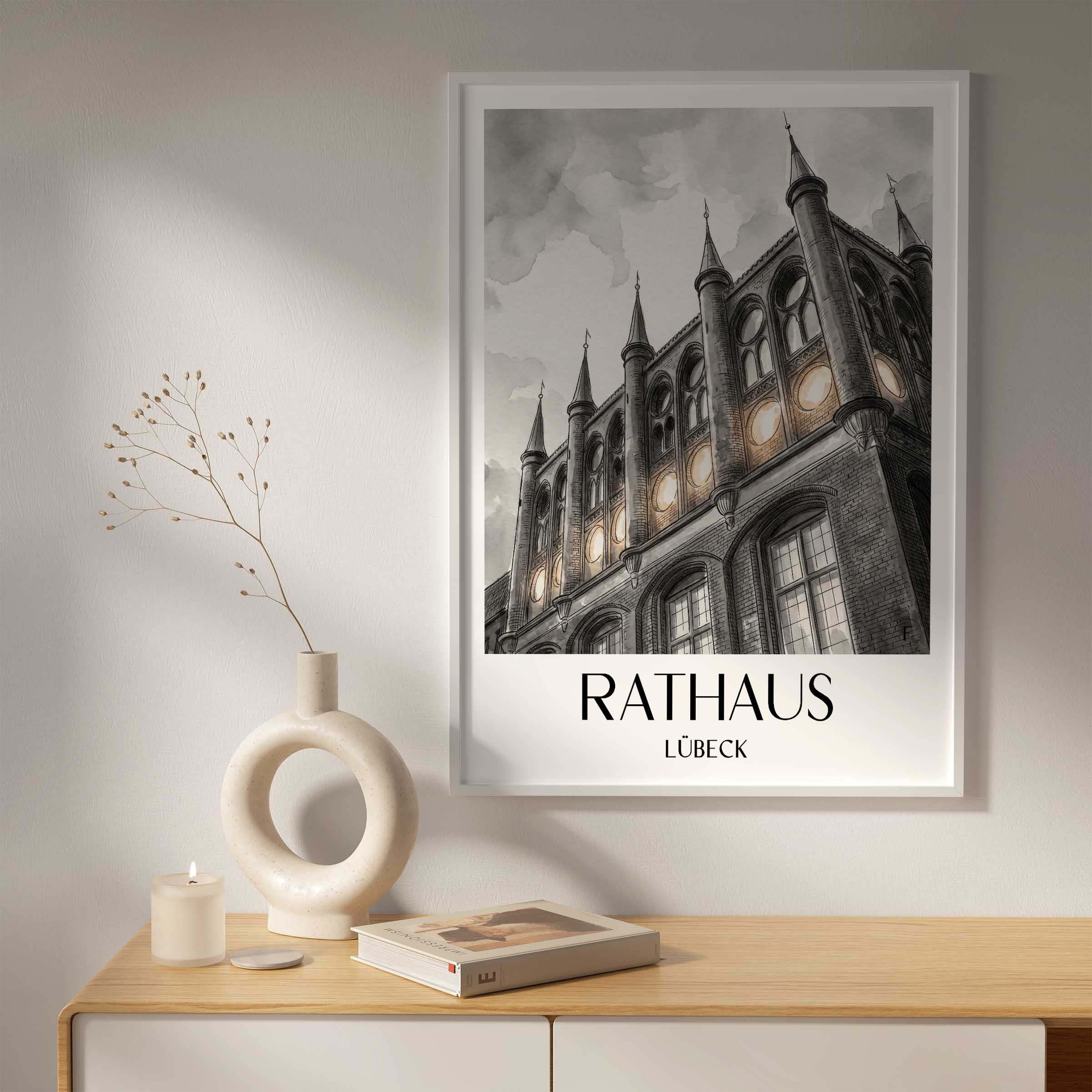 rathaus-lübeck-deutschland-poster-aquarell-schwarz-weiss
