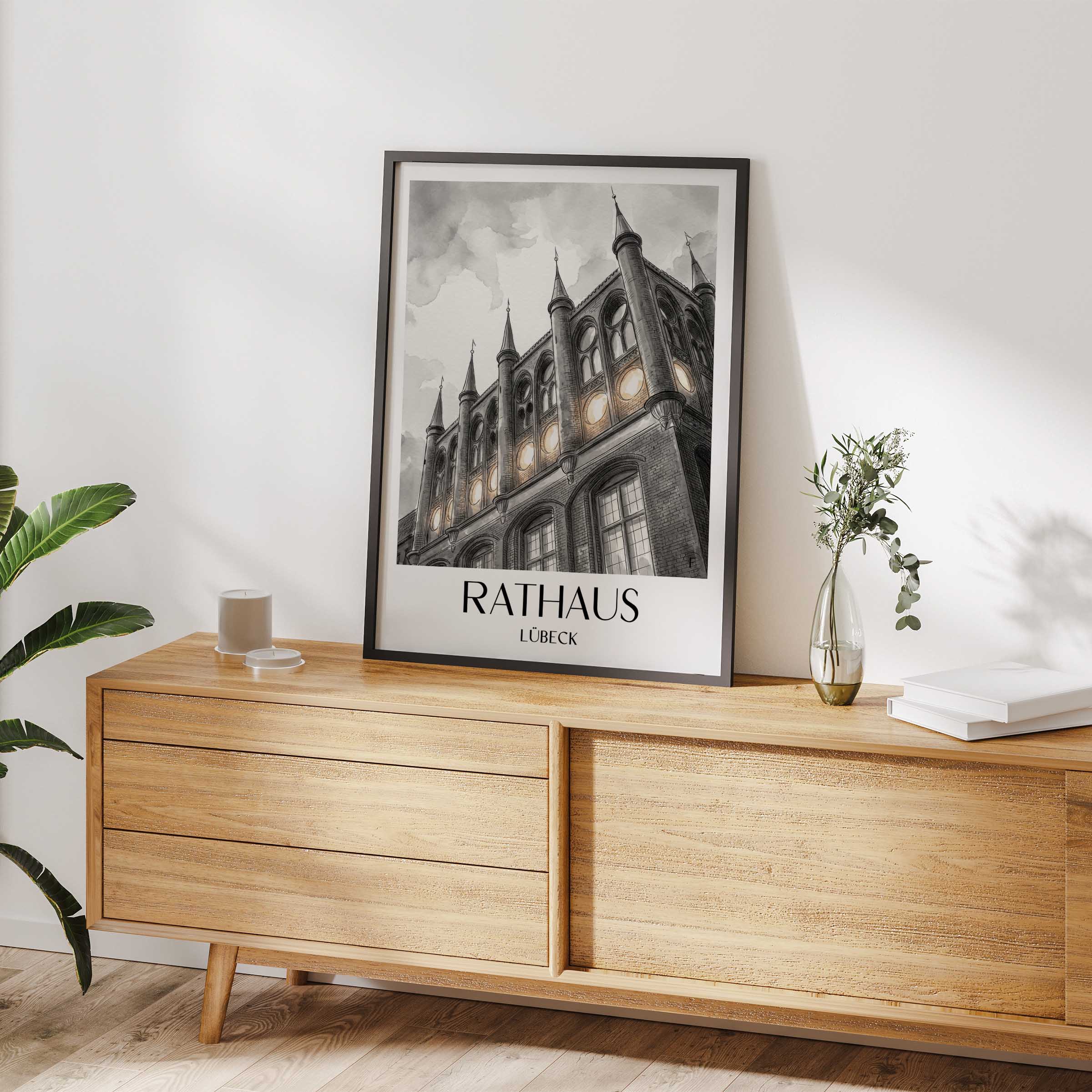 rathaus-lübeck-deutschland-poster-aquarell-schwarz-weiss