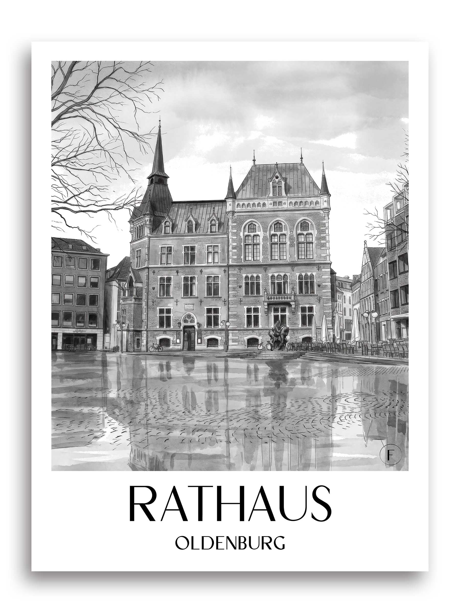 rathaus-oldenburg-deutschland-poster-aquarell-schwarz-weiss