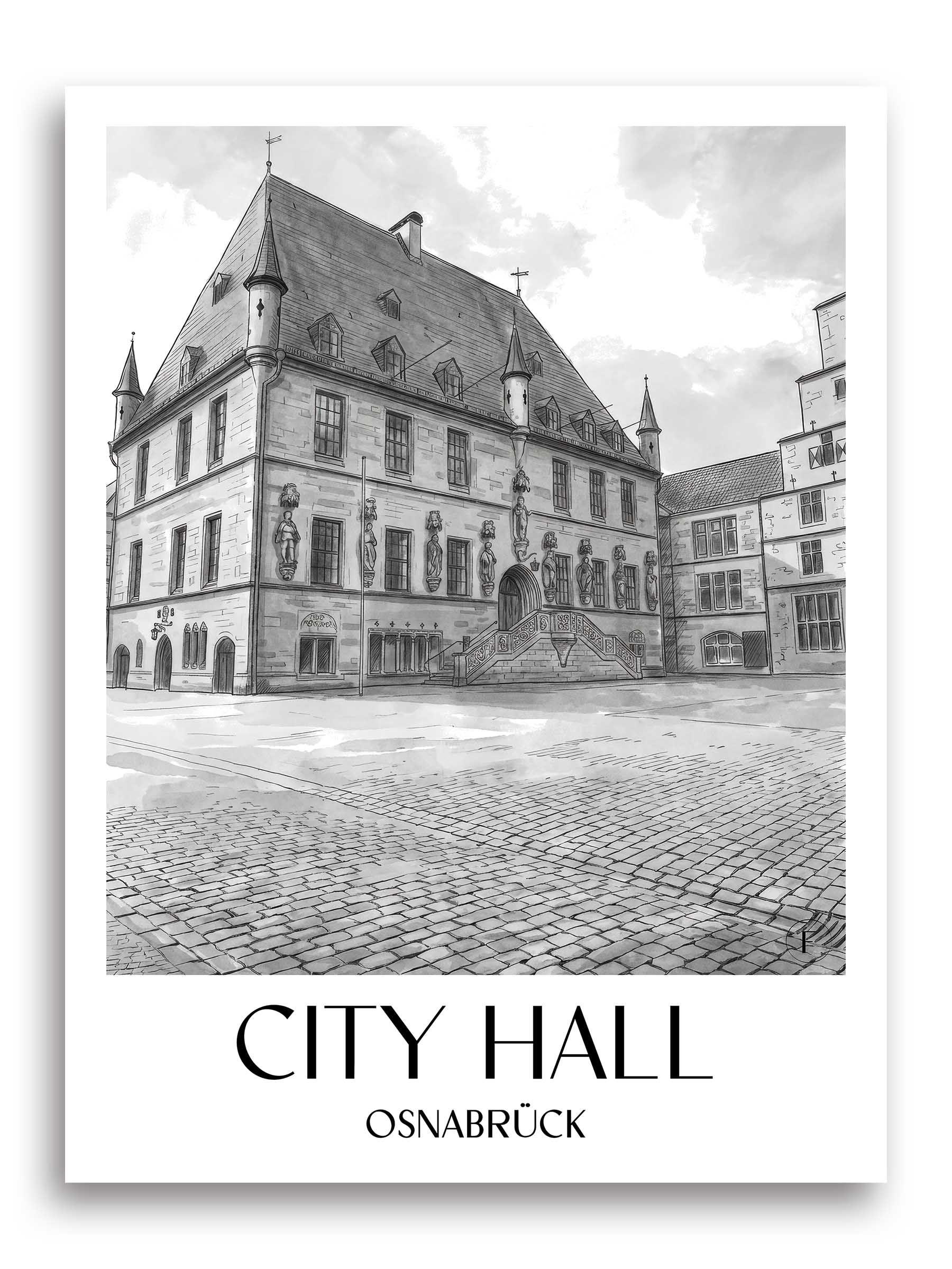 Rathaus Poster - Osnabrück - Deutschland Kunstdruck - Aquarell Schwarz-Weiß von A4 bis A1