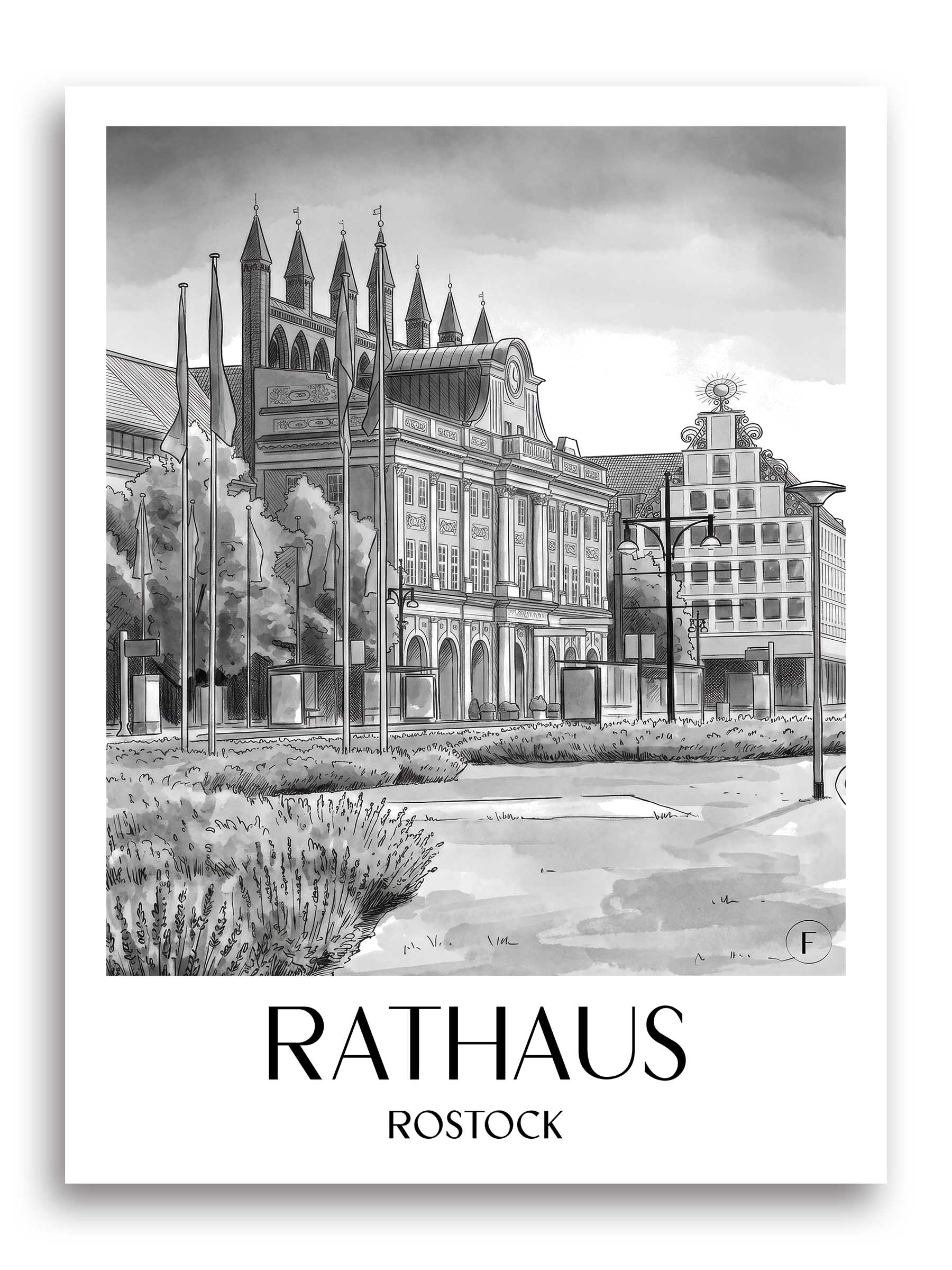 rathaus-rostock-deutschland-poster-aquarell-schwarz-weiss