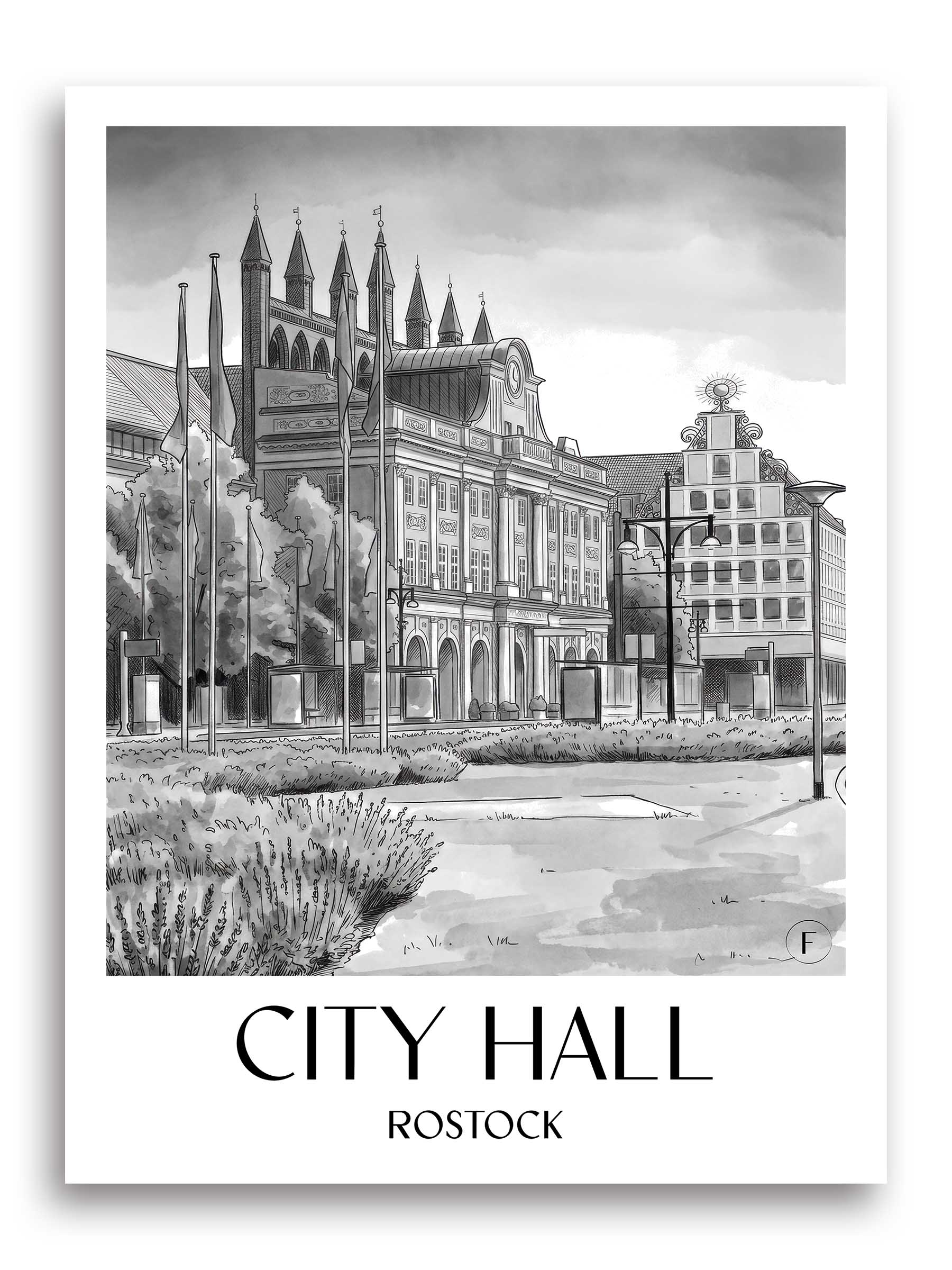 Rathaus Poster - Rostock - Deutschland Kunstdruck - Aquarell Schwarz-Weiß von A4 bis A1 - favplace