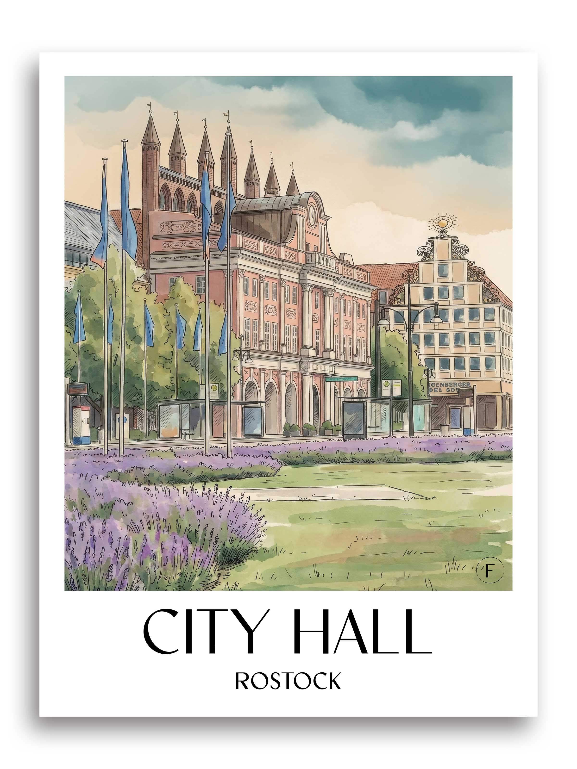 Rathaus Poster - Rostock - Deutschland Kunstdruck - Aquarell von A4 bis A1 - favplace