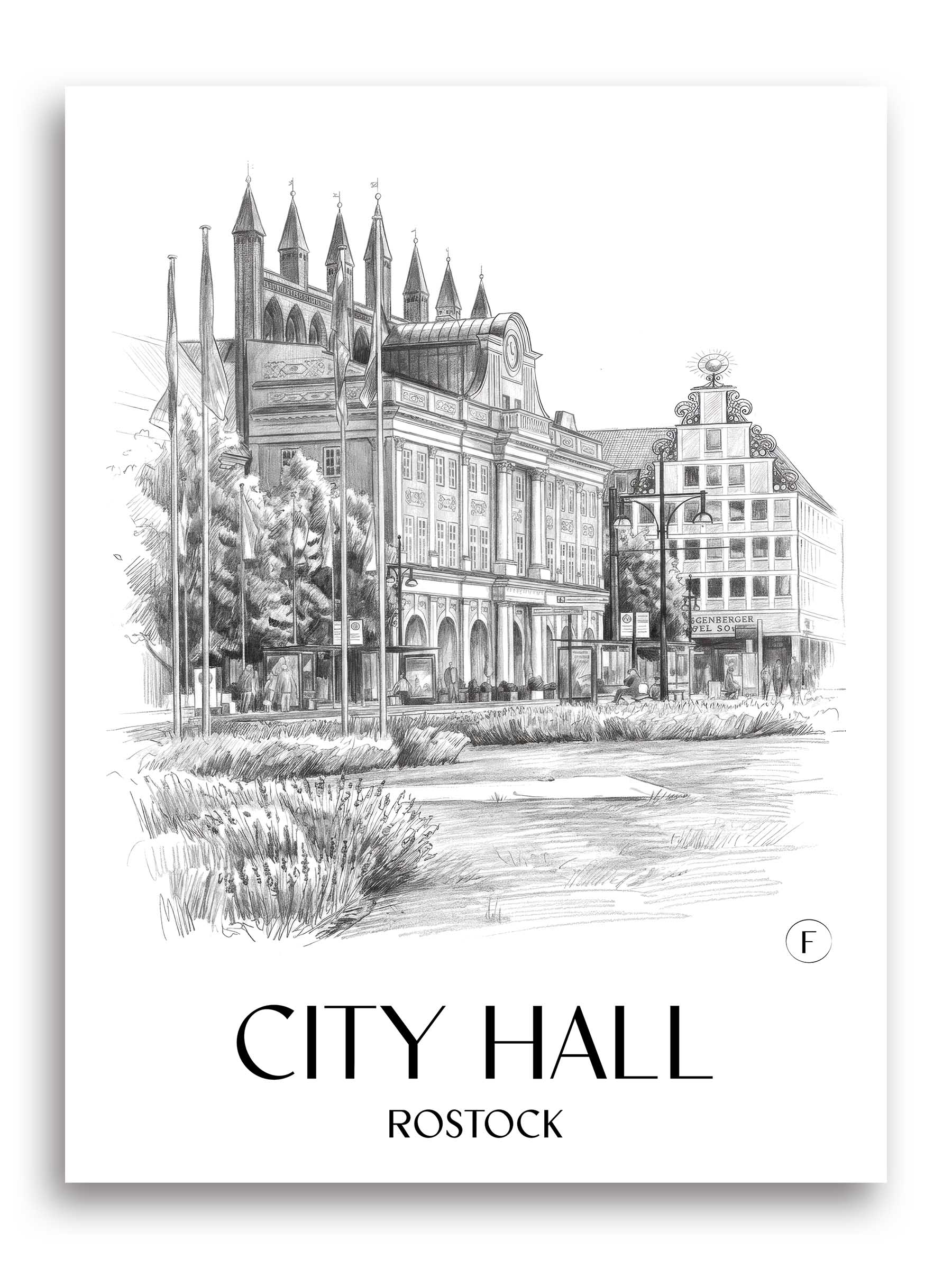 Rathaus Poster - Rostock - Deutschland Kunstdruck - Zeichnung von A4 bis A1