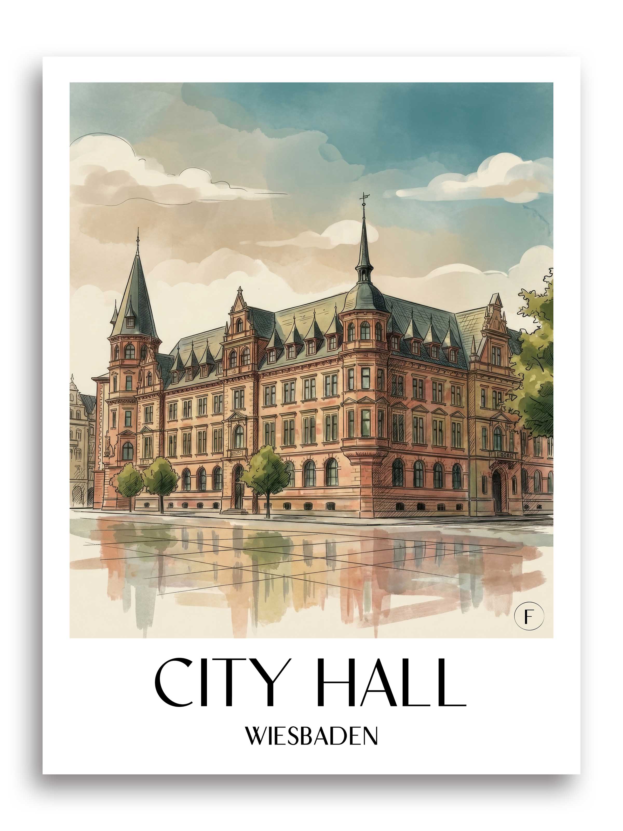 Rathaus Poster - Wiesbaden - Deutschland Kunstdruck - Aquarell von A4 bis A1 - favplace
