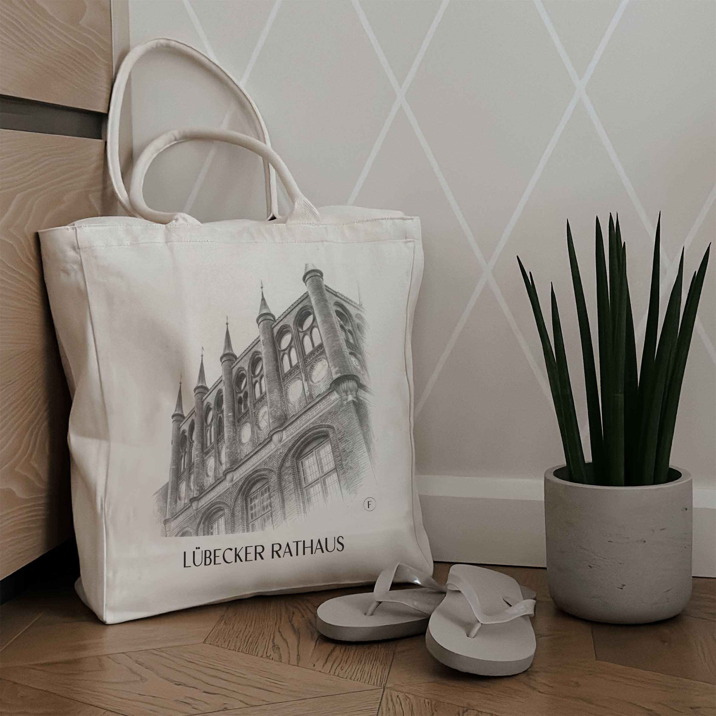 rathaus-lübeck-deutschland-einkaufstasche-bleistift-zeichnung-drawing
