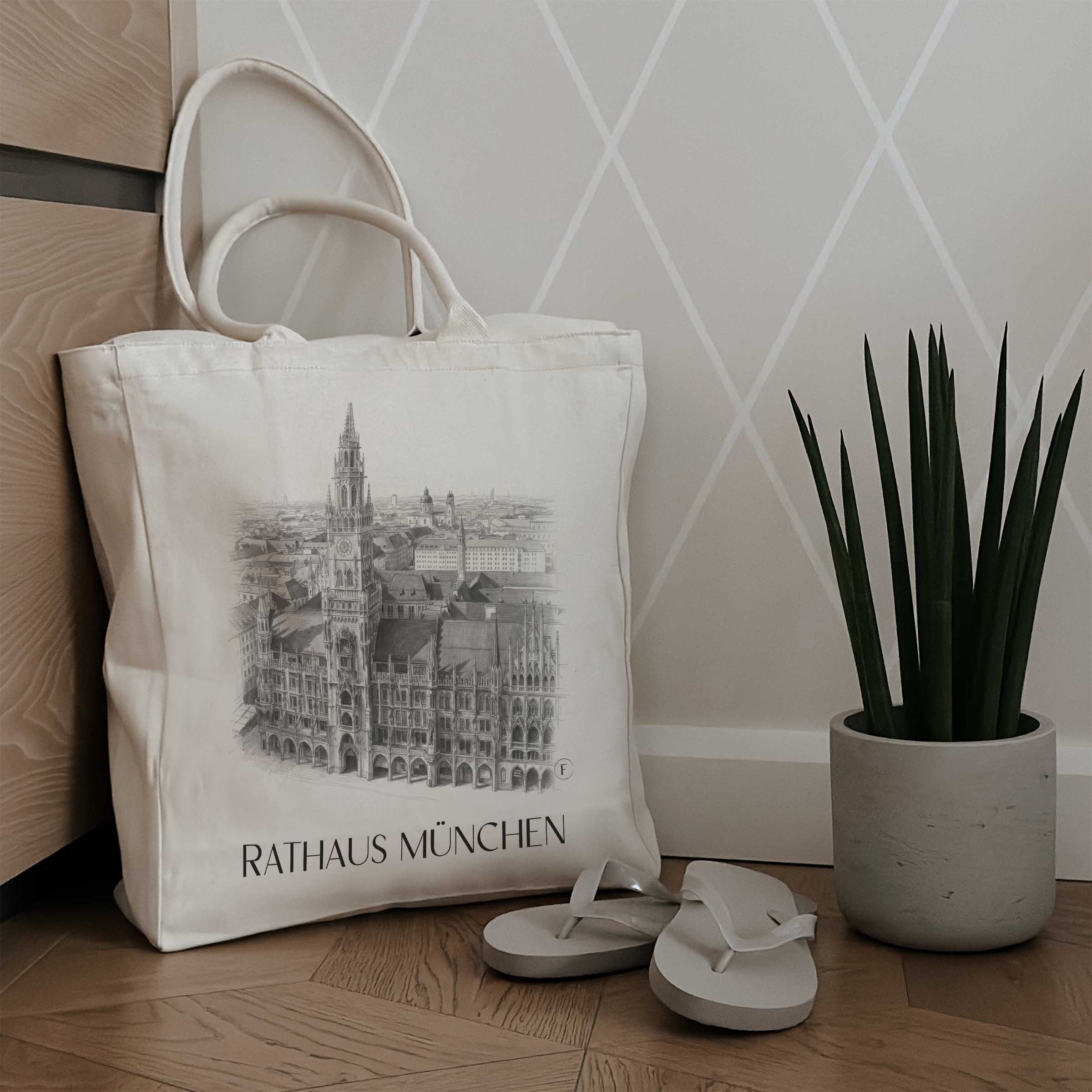 rathaus-münchen-deutschland-einkaufstasche-bleistift-zeichnung-drawing