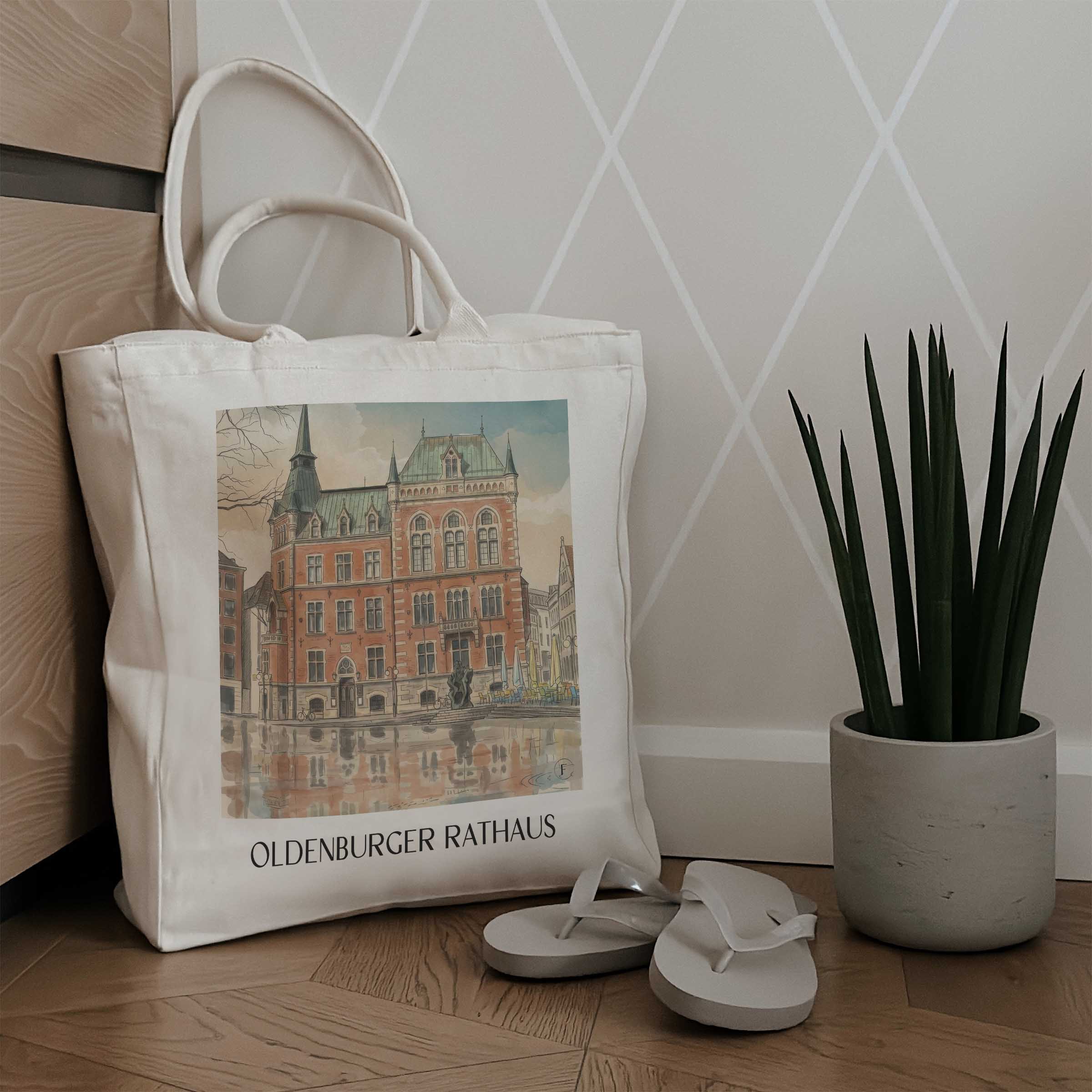 rathaus-oldenburg-deutschland-einkaufstasche-aquarell