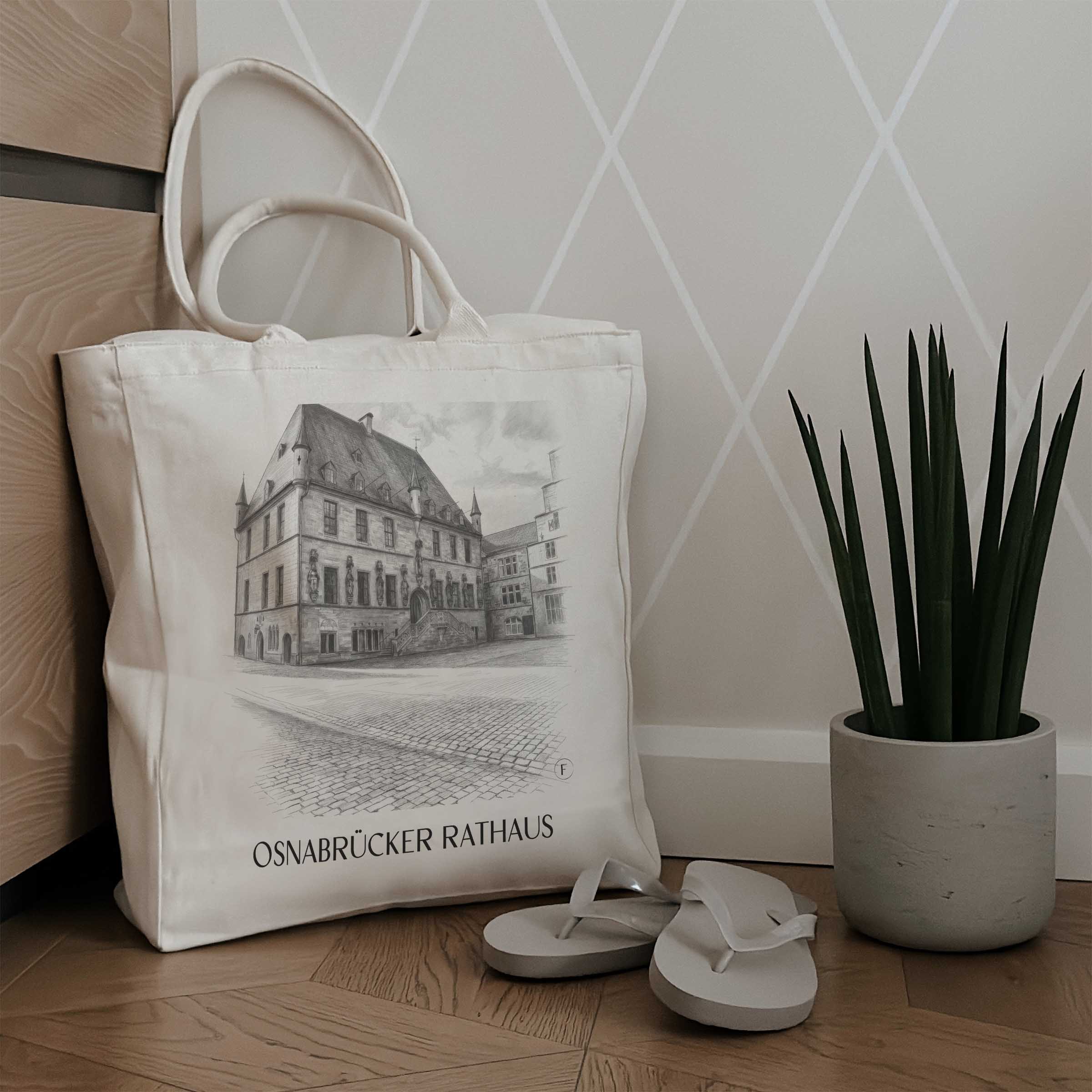 rathaus-osnabrück-deutschland-einkaufstasche-bleistift-zeichnung-drawing