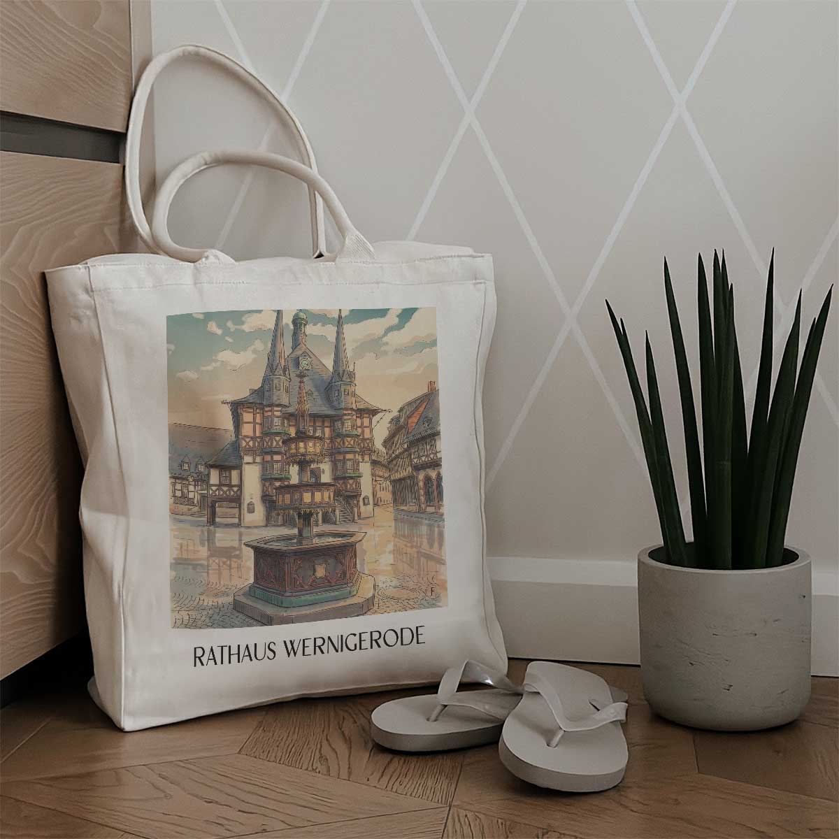 rathaus-wernigerode-deutschland-einkaufstasche-aquarell