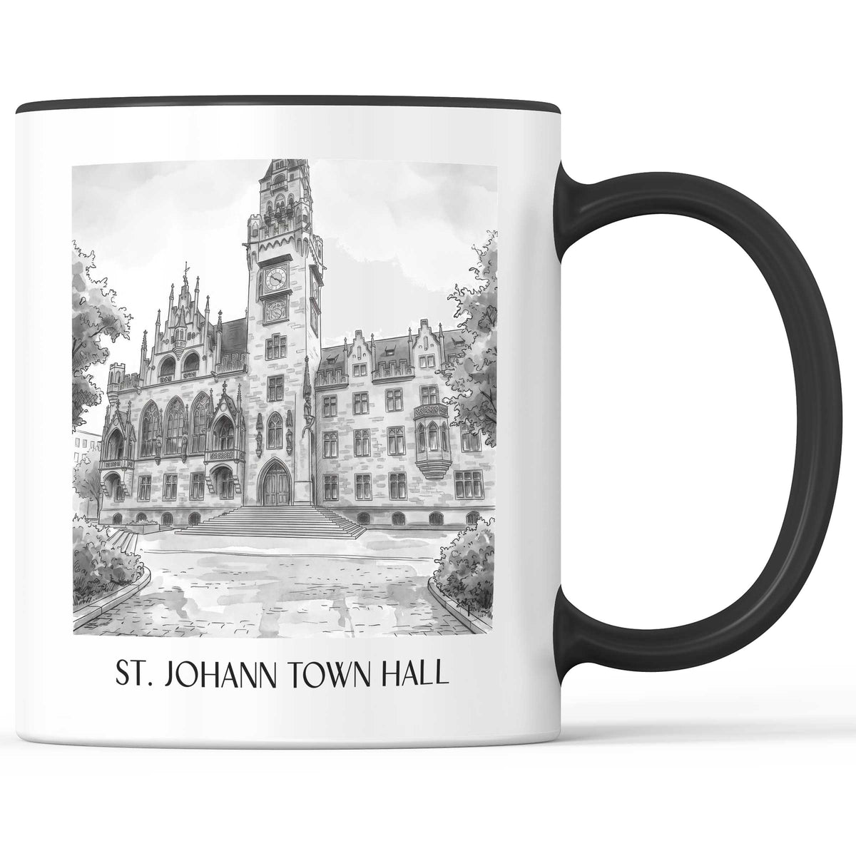 Rathaus St. Johann Kaffeebecher - Saarbrücken - Deutschland Becher - Kaffeetasse im Aquarell Schwarz-Weiß Stil - favplace