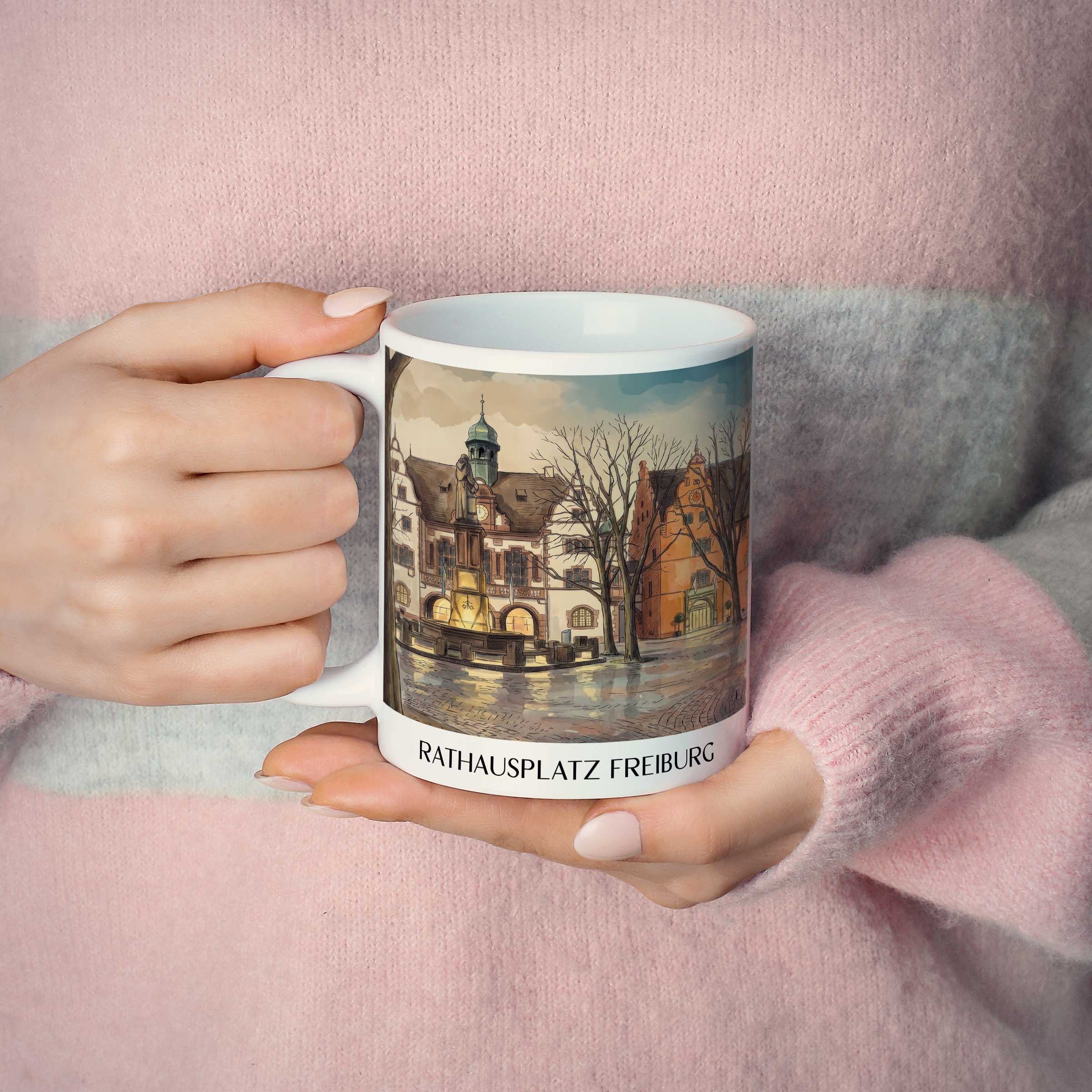 rathausplatz-freiburg-deutschland-kaffeebecher-aquarell
