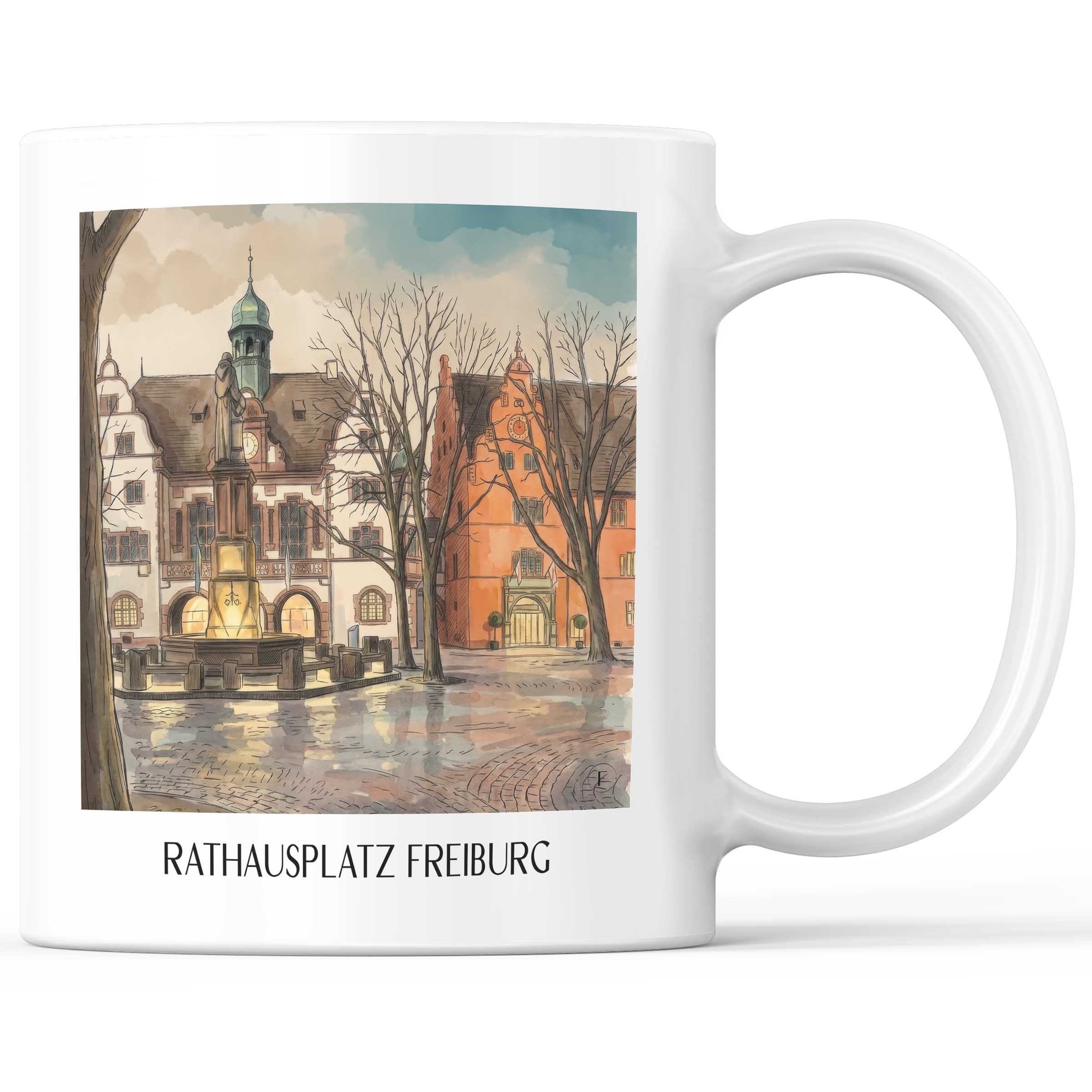 rathausplatz-freiburg-deutschland-kaffeebecher-aquarell