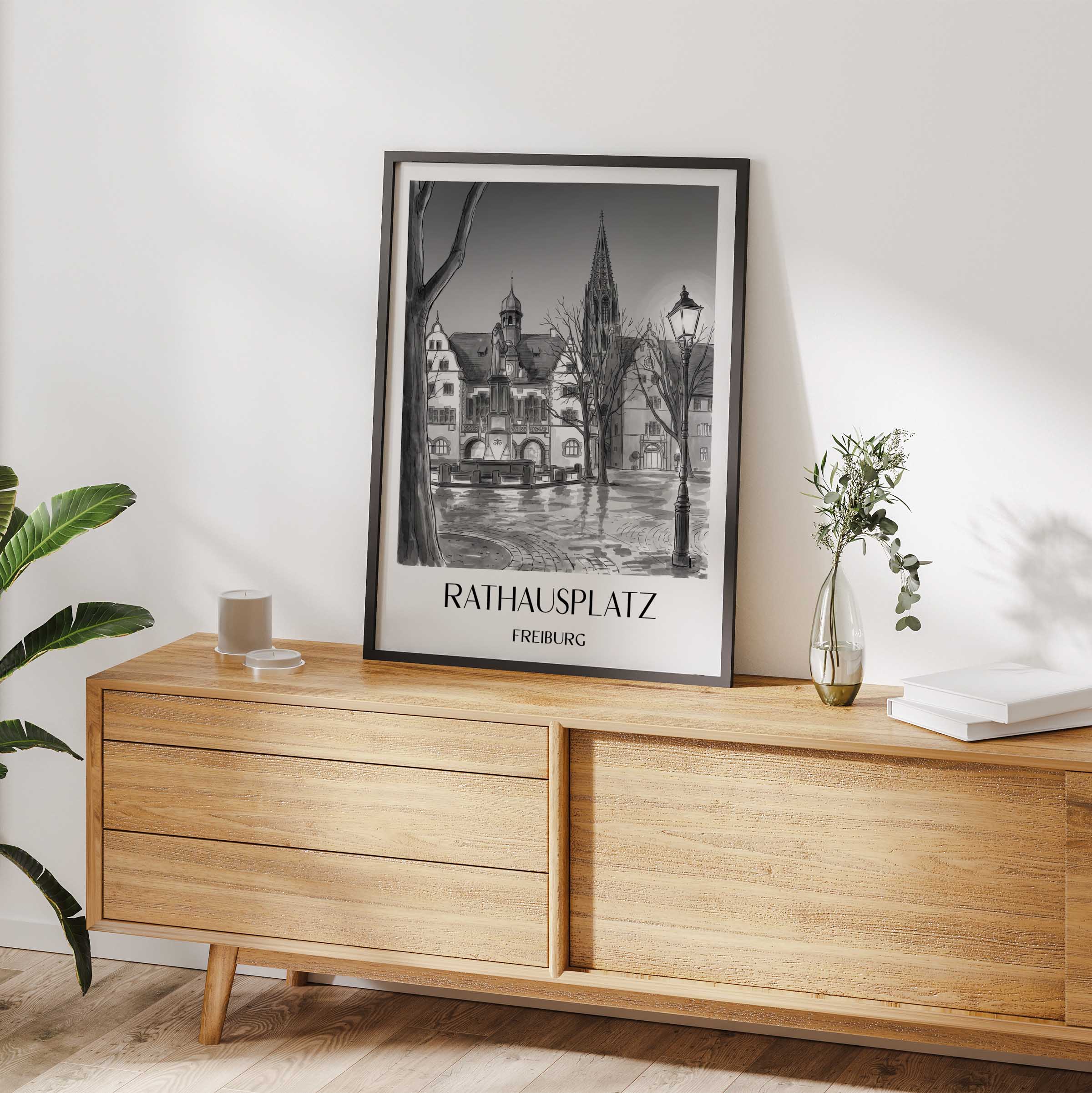 rathausplatz-freiburg-deutschland-poster-aquarell-schwarz-weiss