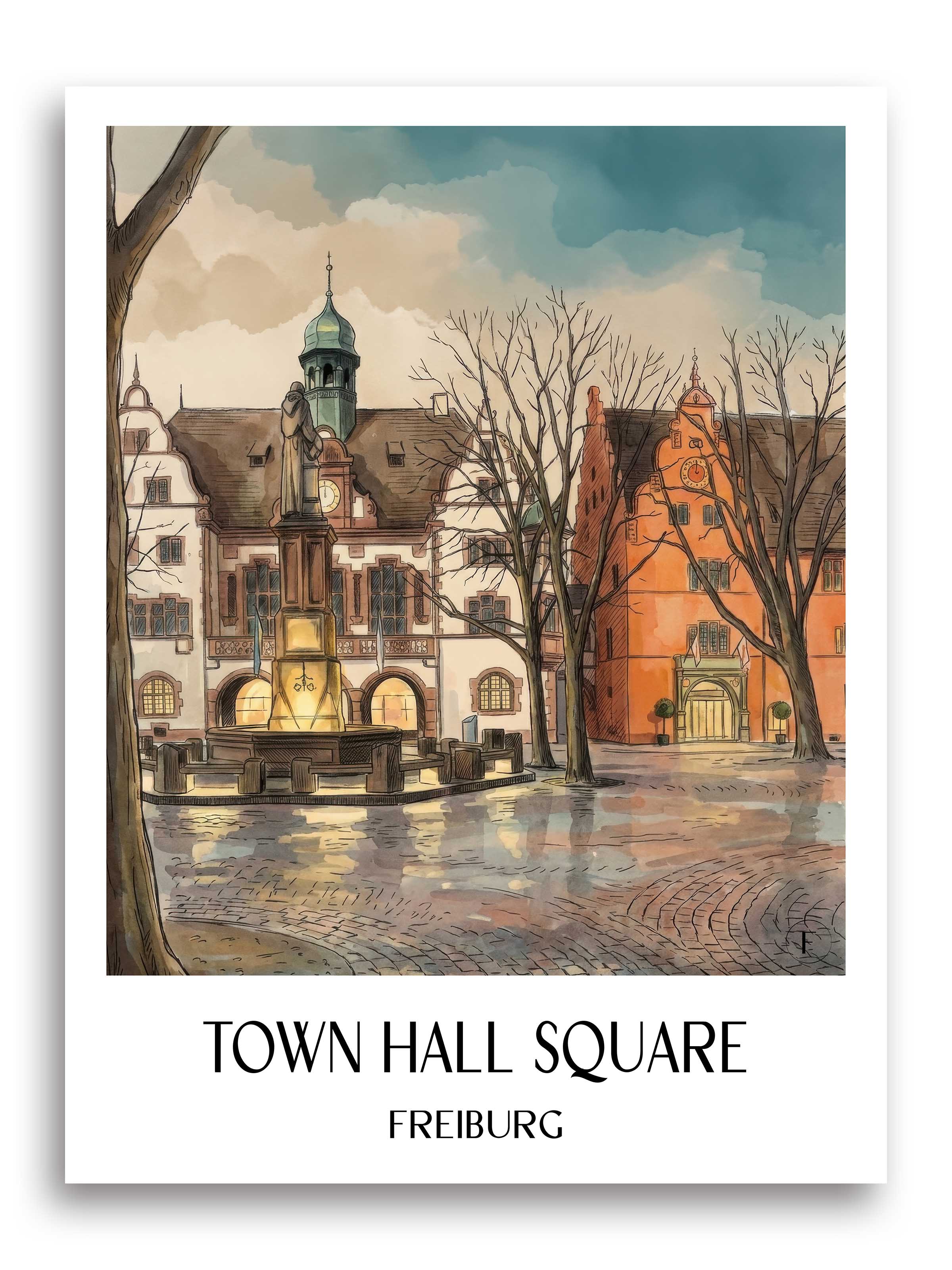 Rathausplatz Poster - Freiburg - Deutschland Kunstdruck - Aquarell von A4 bis A1 - favplace