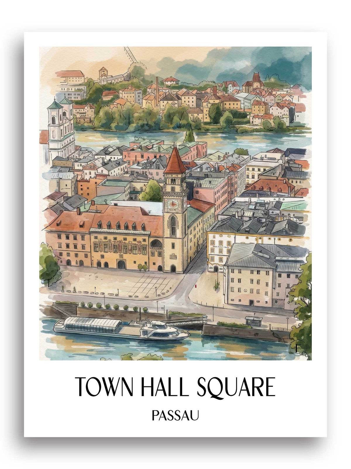 Rathausplatz Poster - Passau - Deutschland Kunstdruck - Aquarell von A4 bis A1 - favplace