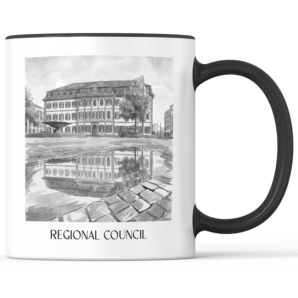 Regierungspräsidium Kaffeebecher - Darmstadt - Deutschland Becher - Kaffeetasse im Aquarell Schwarz-Weiß Stil - favplace
