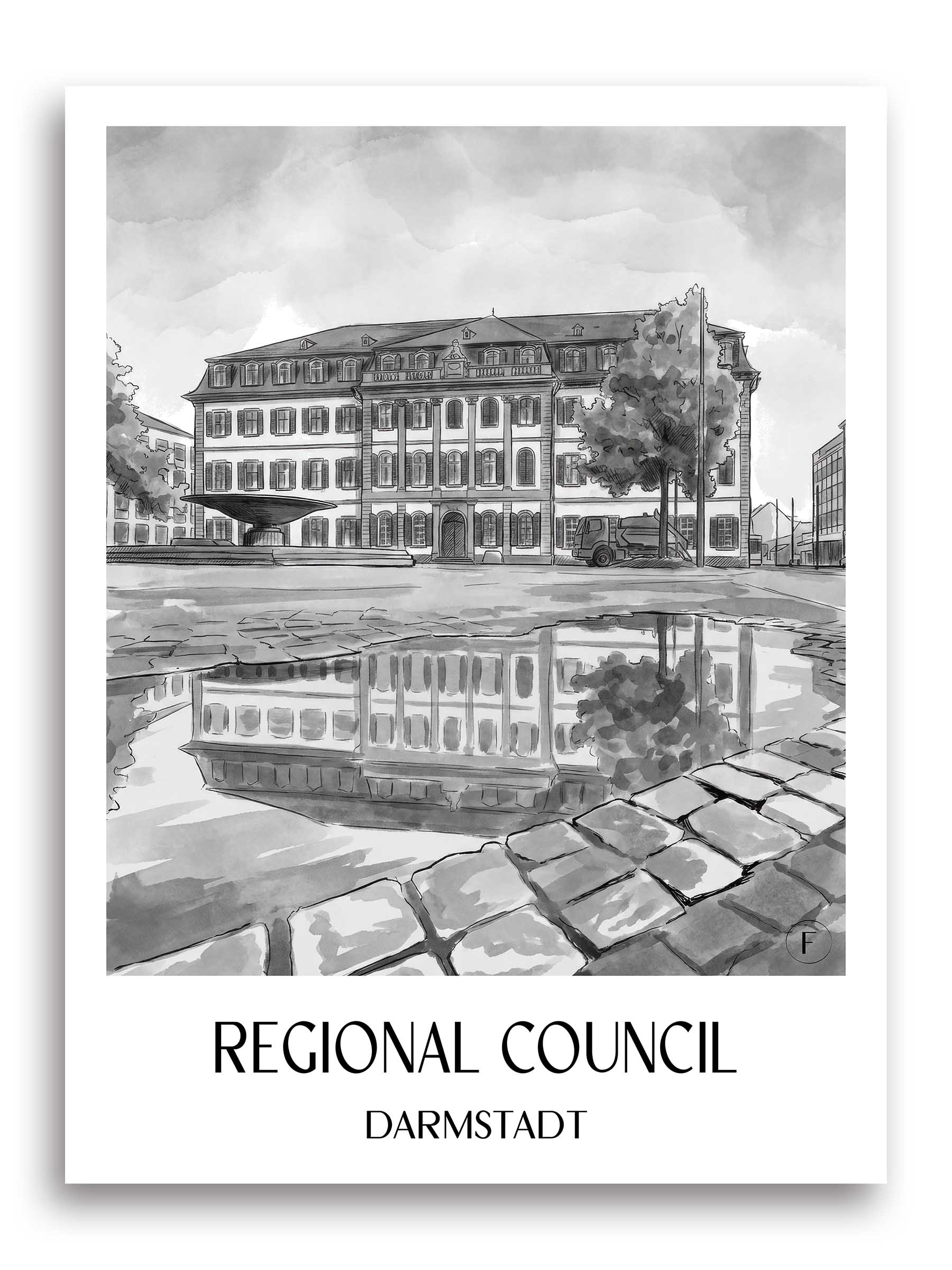 Regierungspräsidium Poster - Darmstadt - Deutschland Kunstdruck - Aquarell Schwarz-Weiß von A4 bis A1