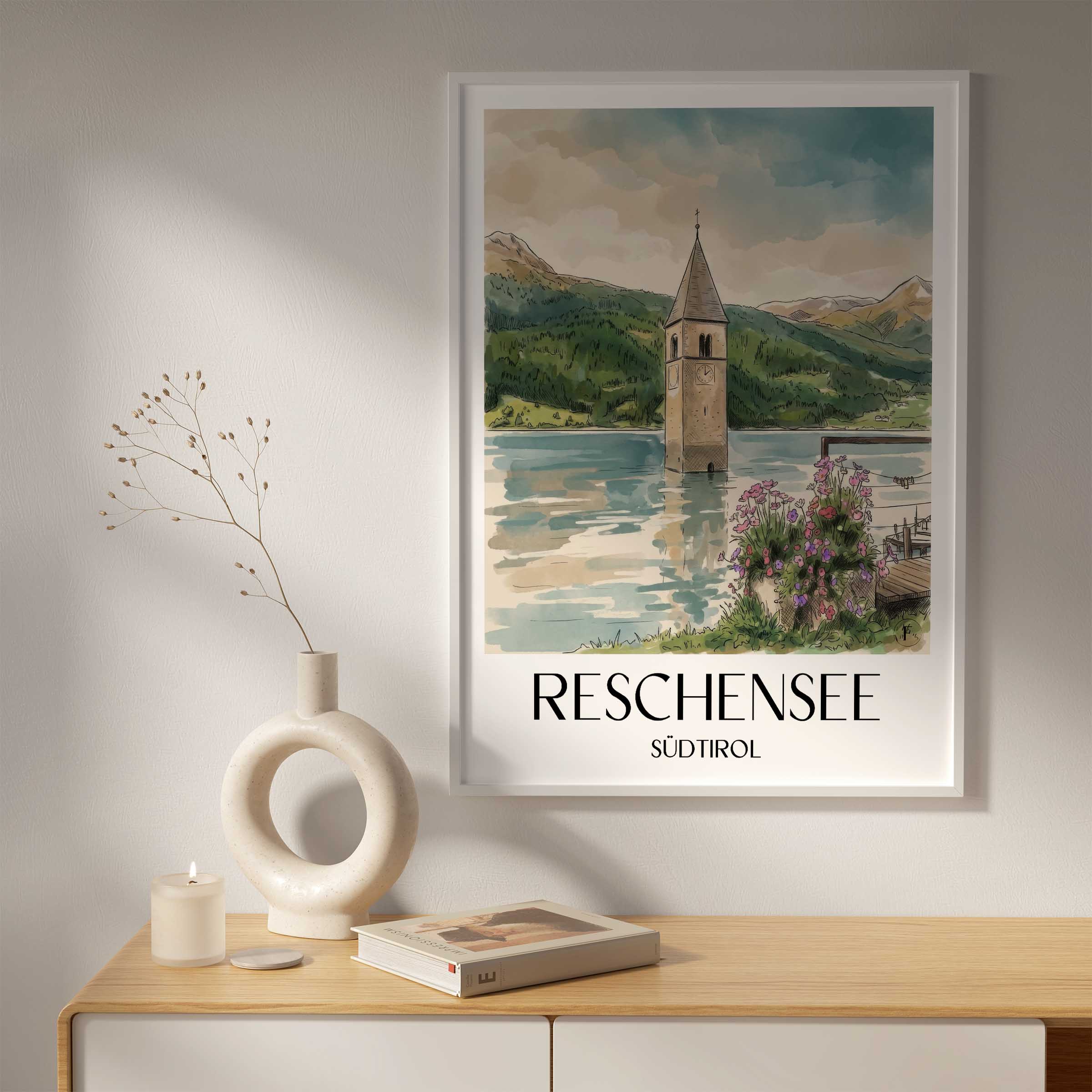 reschensee-südtirol-italien-poster-aquarell