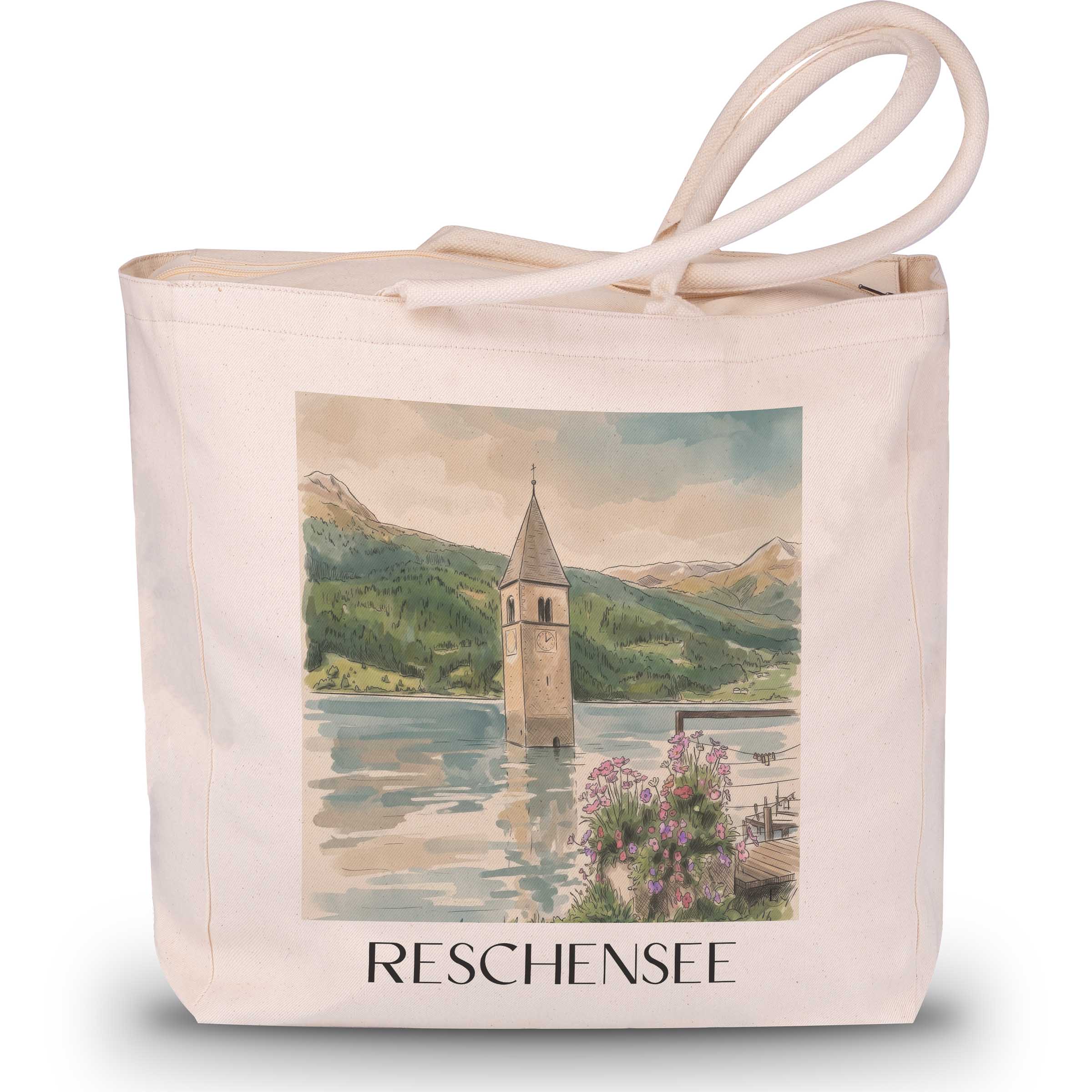 reschensee-südtirol-italien-einkaufstasche-aquarell