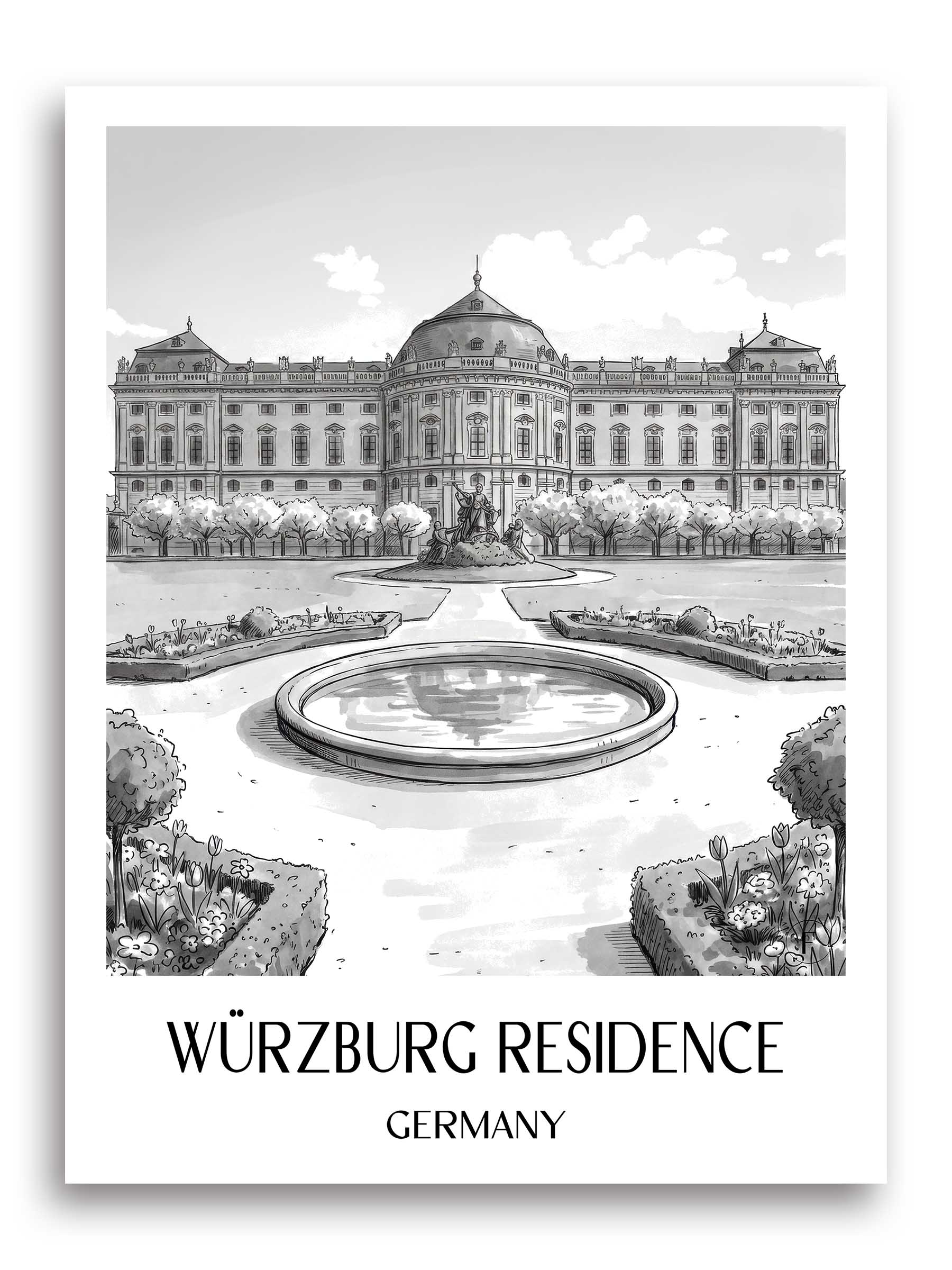 Residenz Würzburg Poster - Franken - Deutschland Kunstdruck - Aquarell Schwarz-Weiß von A4 bis A1