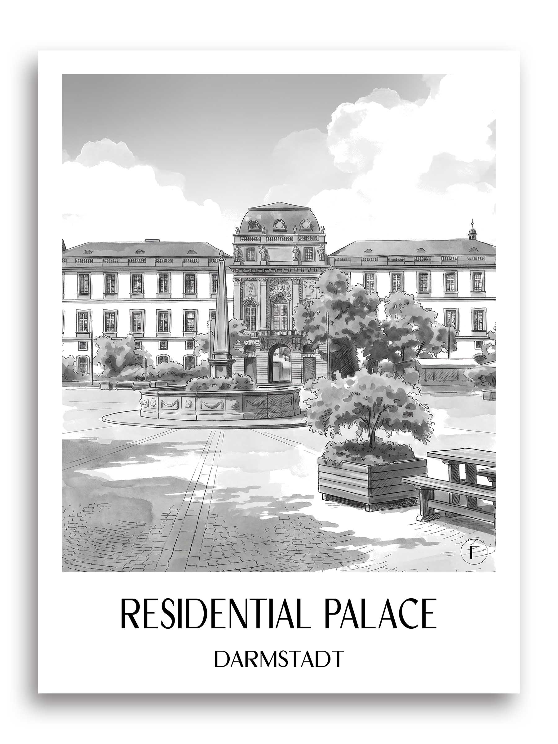 Residenzschloss Poster - Darmstadt - Deutschland Kunstdruck - Aquarell Schwarz-Weiß von A4 bis A1