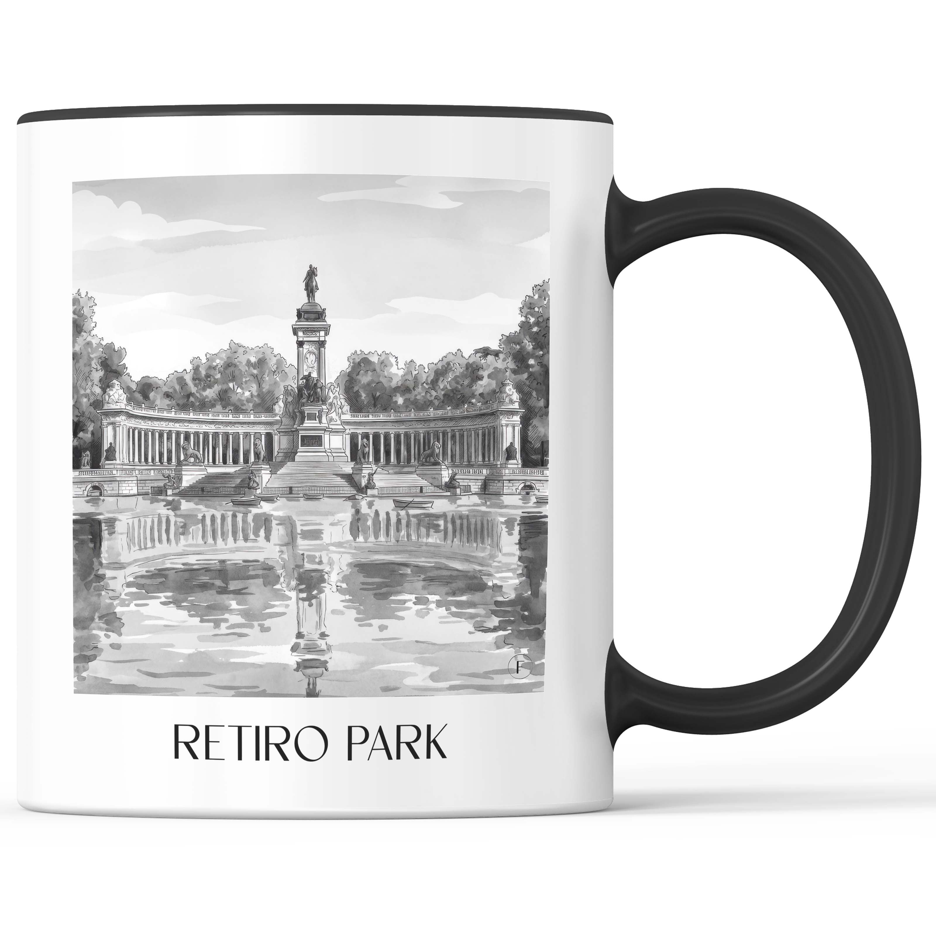 Retiro Park Kaffeebecher - Madrid - Spanien Becher - Kaffeetasse im Aquarell Schwarz-Weiß Stil - favplace