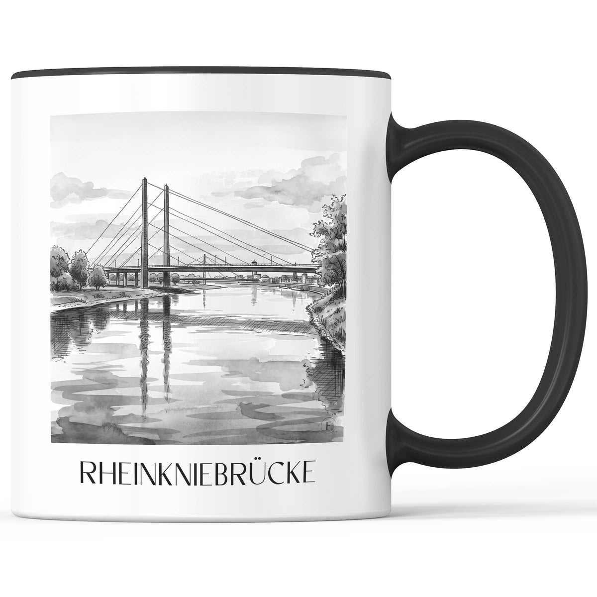 rheinkniebrücke-düsseldorf-deutschland-kaffeebecher-aquarell-schwarz-weiss